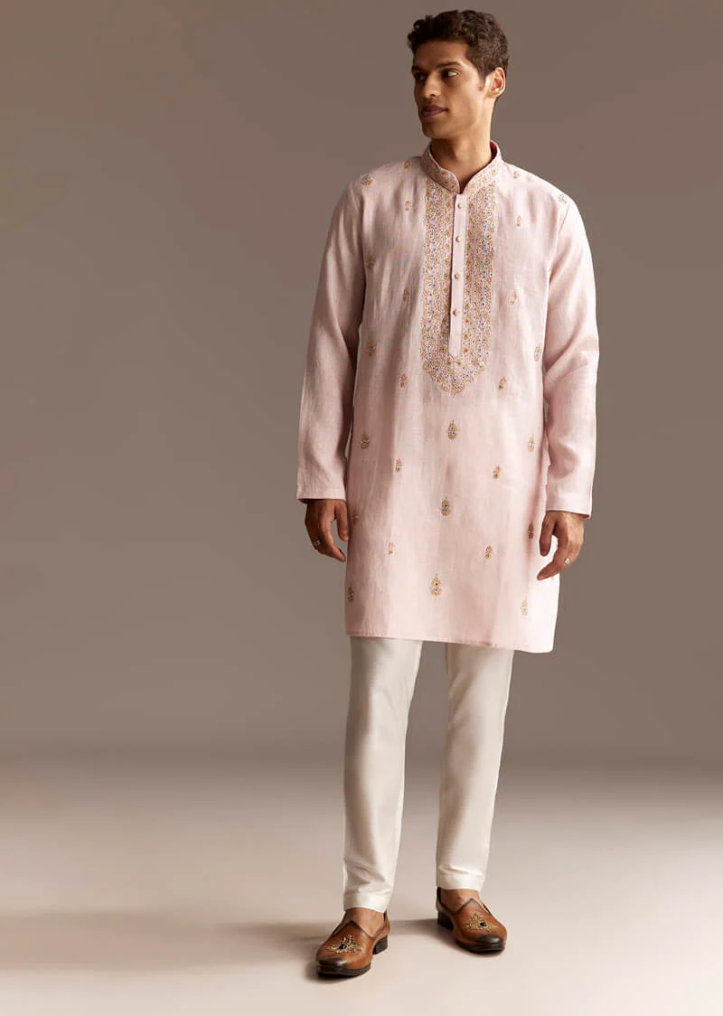 Beige Linen Thread Embroidered Kurta Set - Image 4