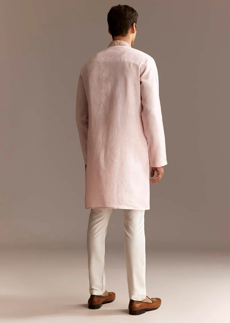 Beige Linen Thread Embroidered Kurta Set - Image 5