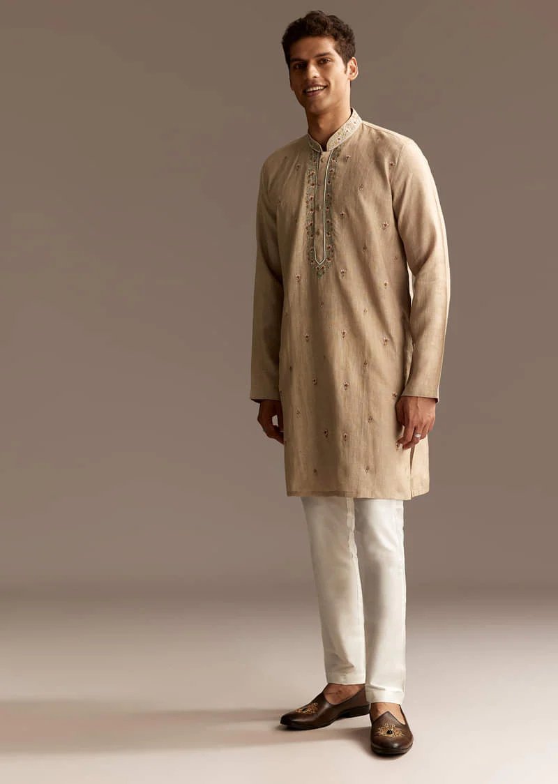 Beige Linen Threadwork Kurta Set - Image 2