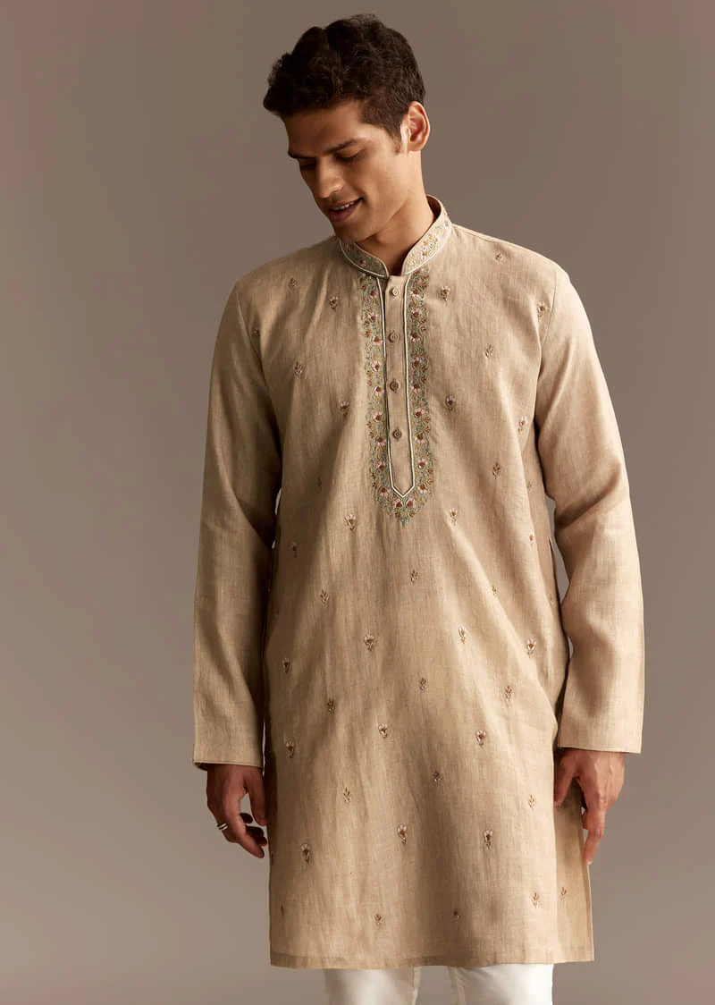 Beige Linen Threadwork Kurta Set - Image 3