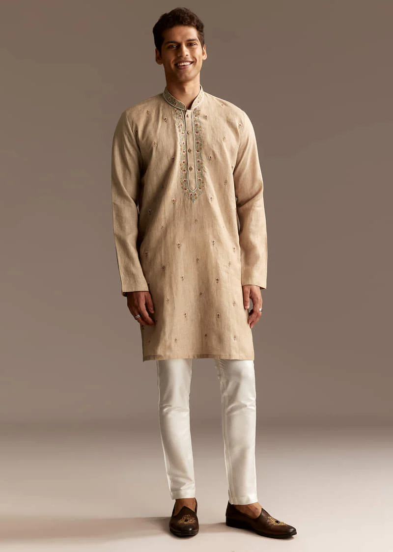 Beige Linen Threadwork Kurta Set - Image 5