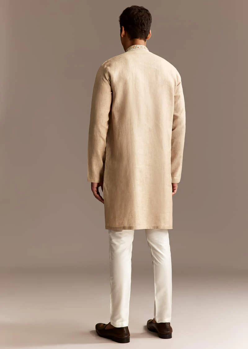 Beige Linen Threadwork Kurta Set - Image 6