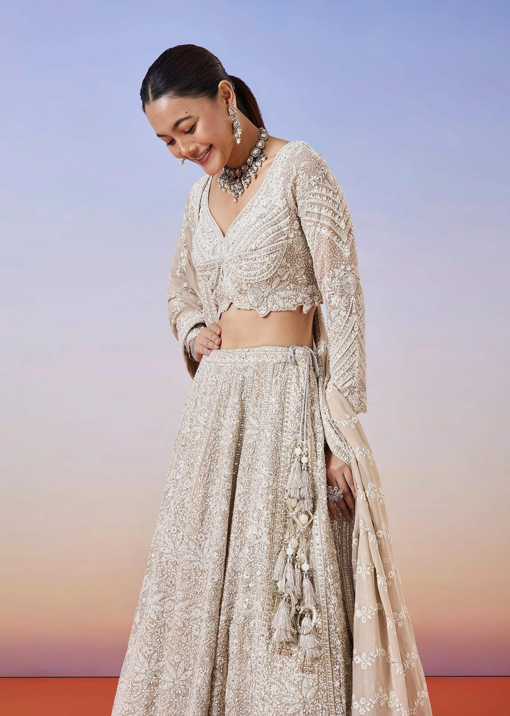 Beige Lucknowi Chikankari Lehenga With Dupatta - Image 5