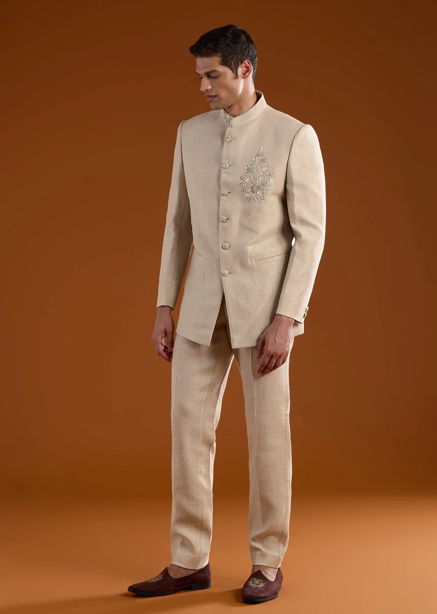 Beige Matka Silk Zardozi Embroidered Jodhpuri Set - Image 2