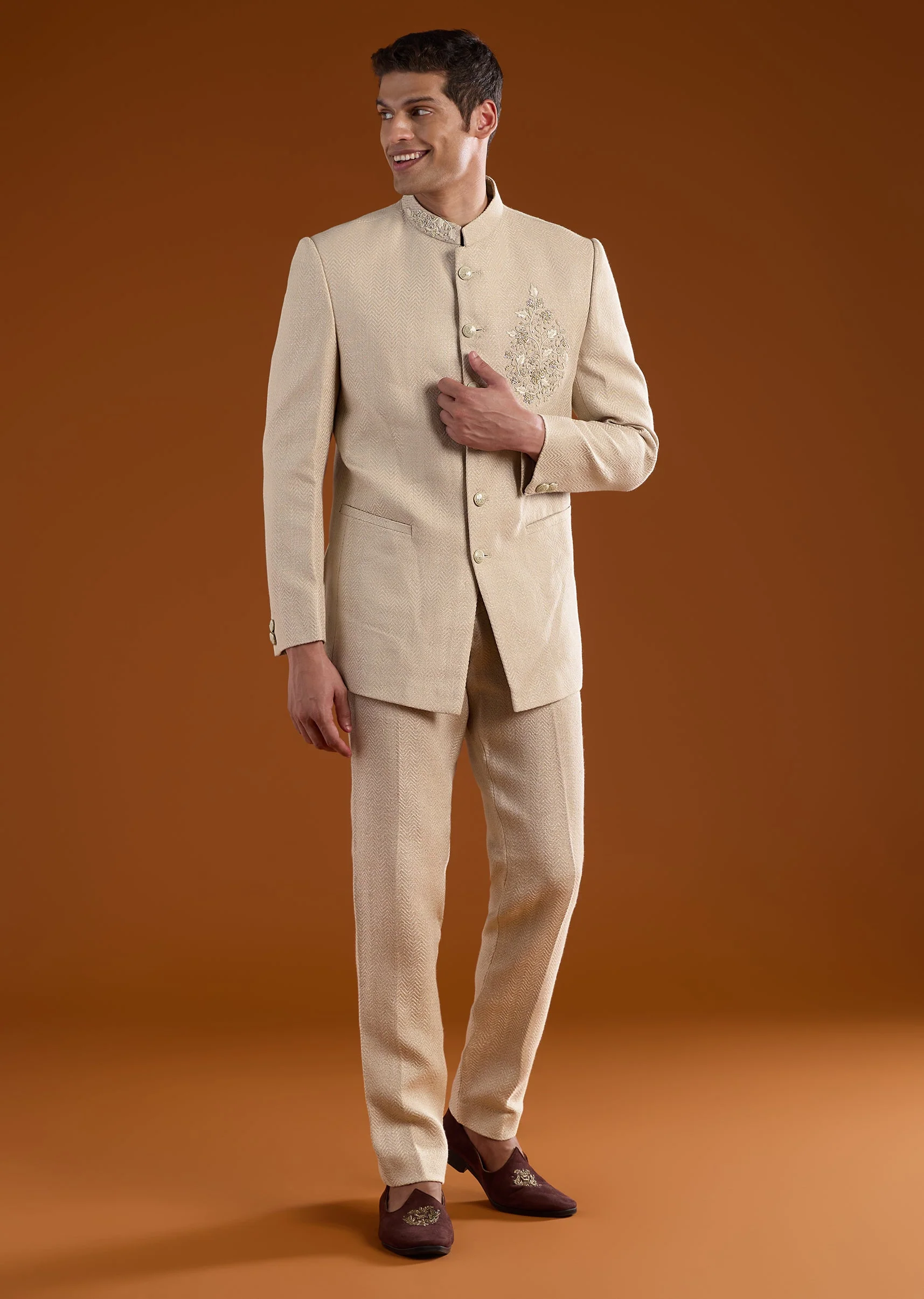 Beige Matka Silk Zardozi Embroidered Jodhpuri Set - Image 4