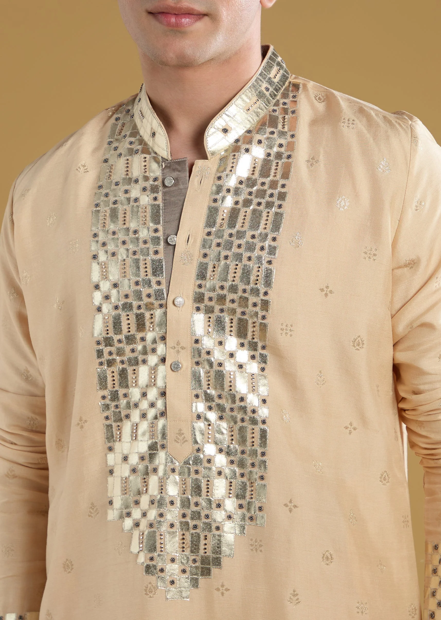 Beige Mens Kurta Set With Beads Metal Leather And Zari Work - Image 2