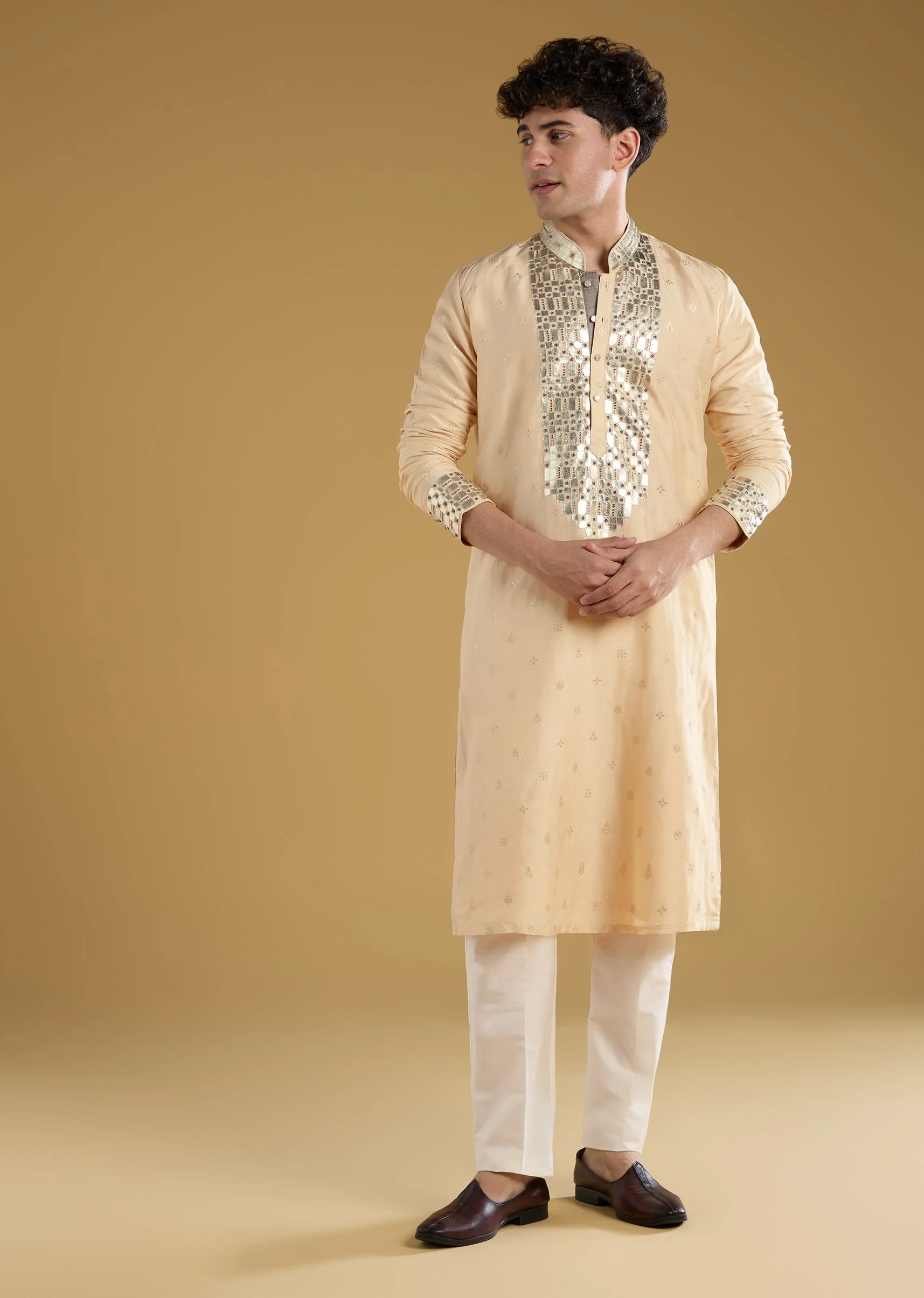 Beige Mens Kurta Set With Beads Metal Leather And Zari Work - Image 3