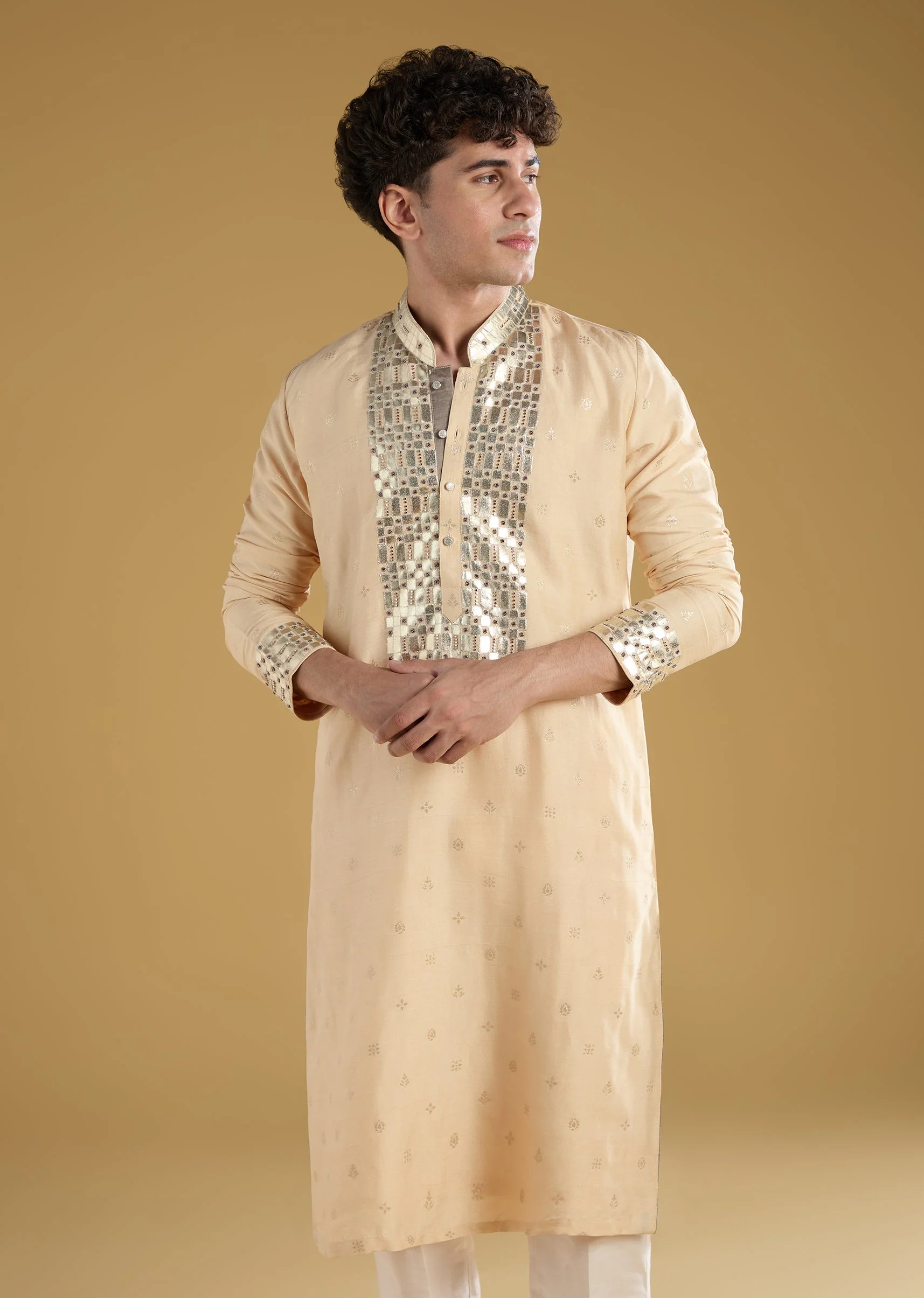 Beige Mens Kurta Set With Beads Metal Leather And Zari Work - Image 4