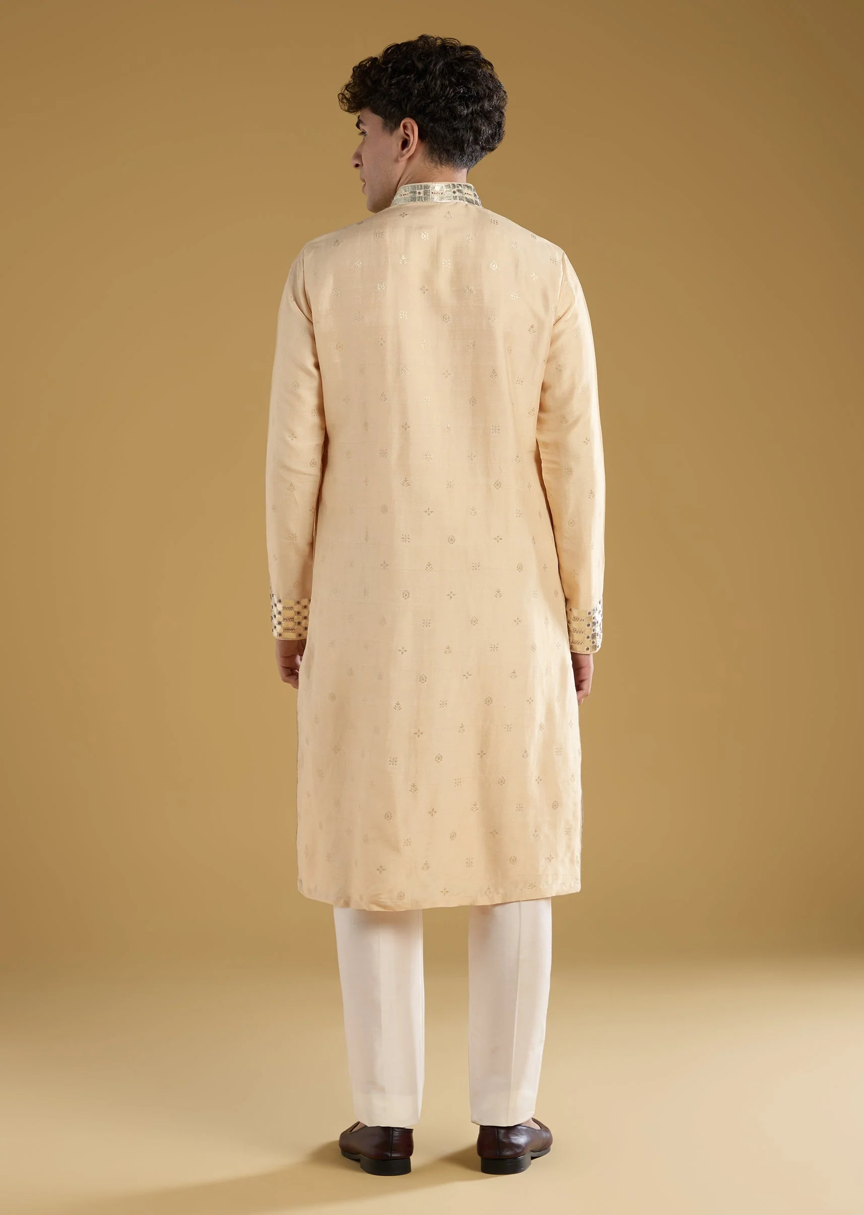Beige Mens Kurta Set With Beads Metal Leather And Zari Work - Image 5