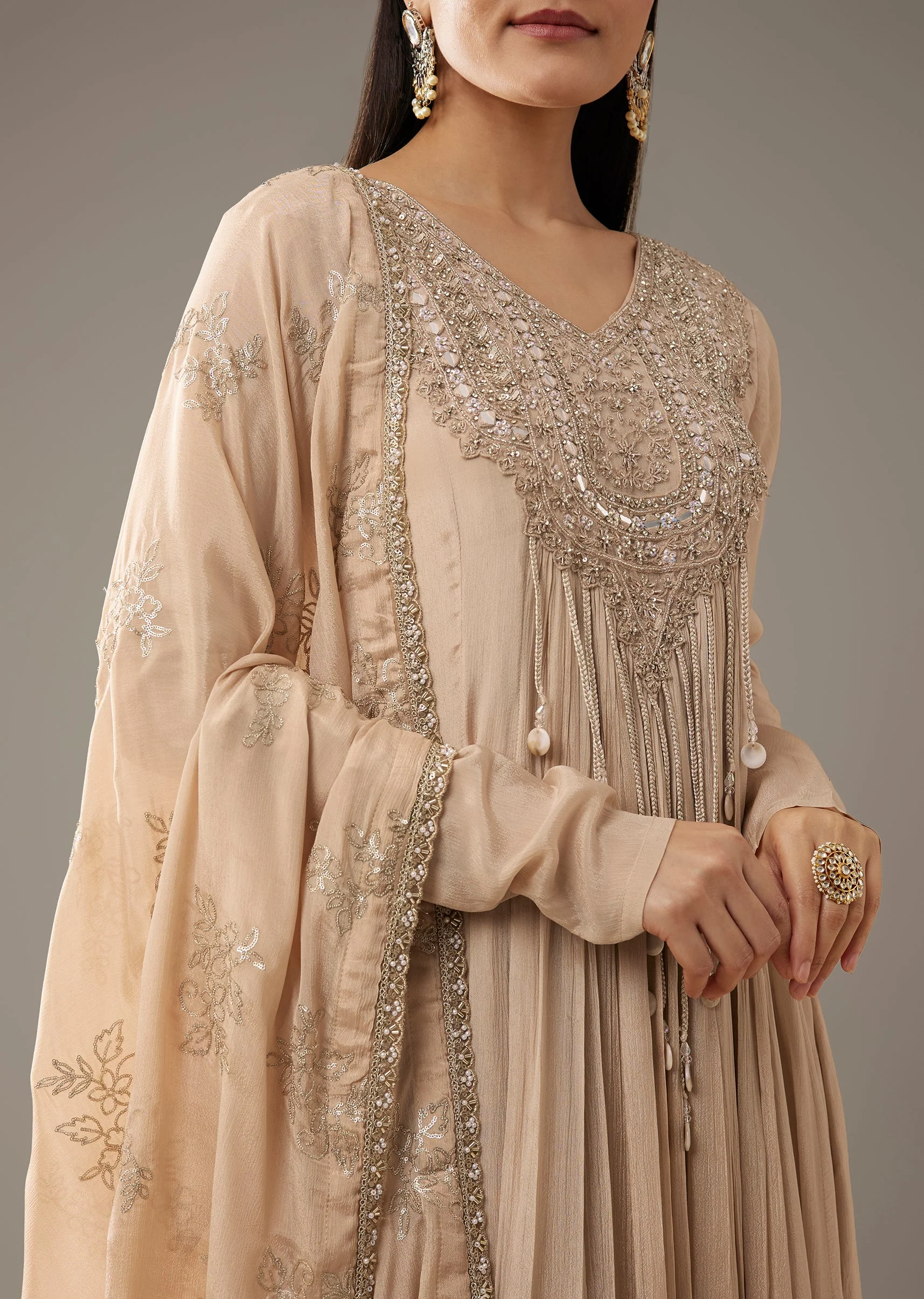 Beige Mirror Embellished Anarkali with Dupatta - Image 2