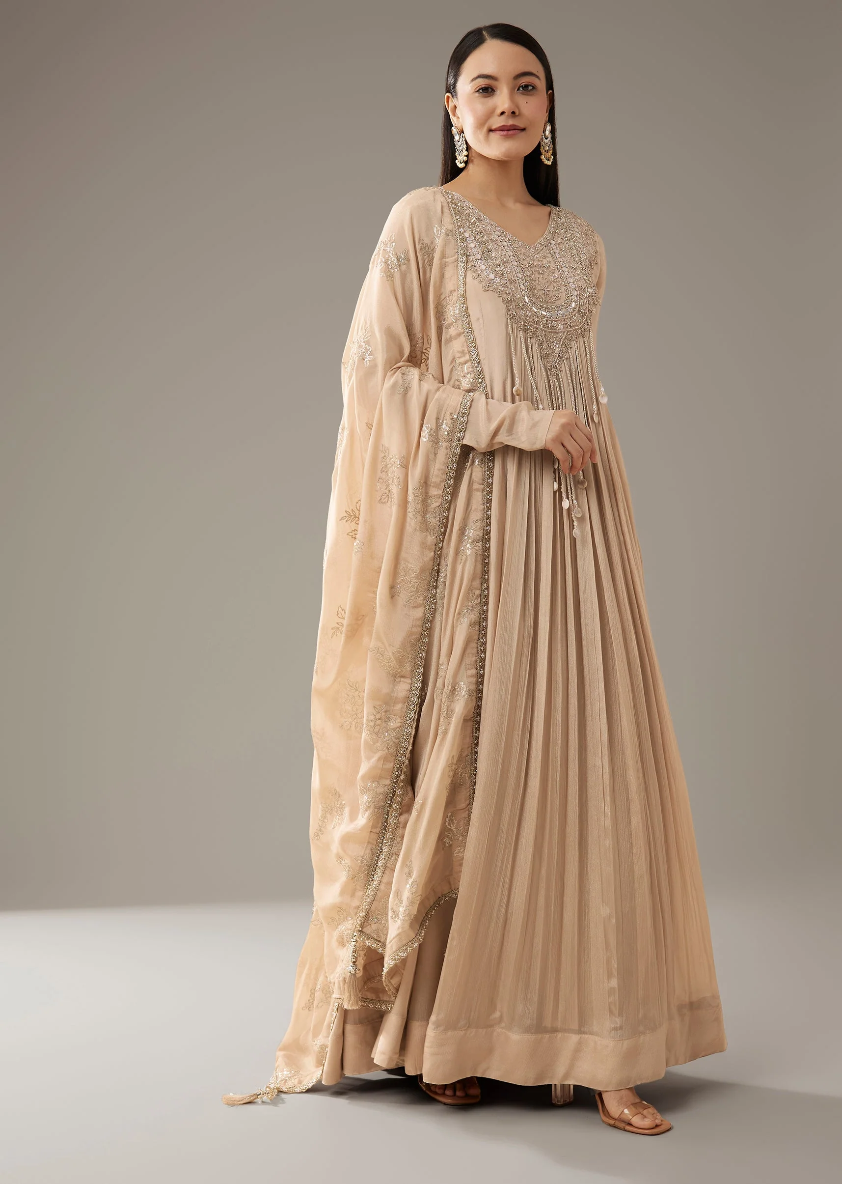 Beige Mirror Embellished Anarkali with Dupatta - Image 3