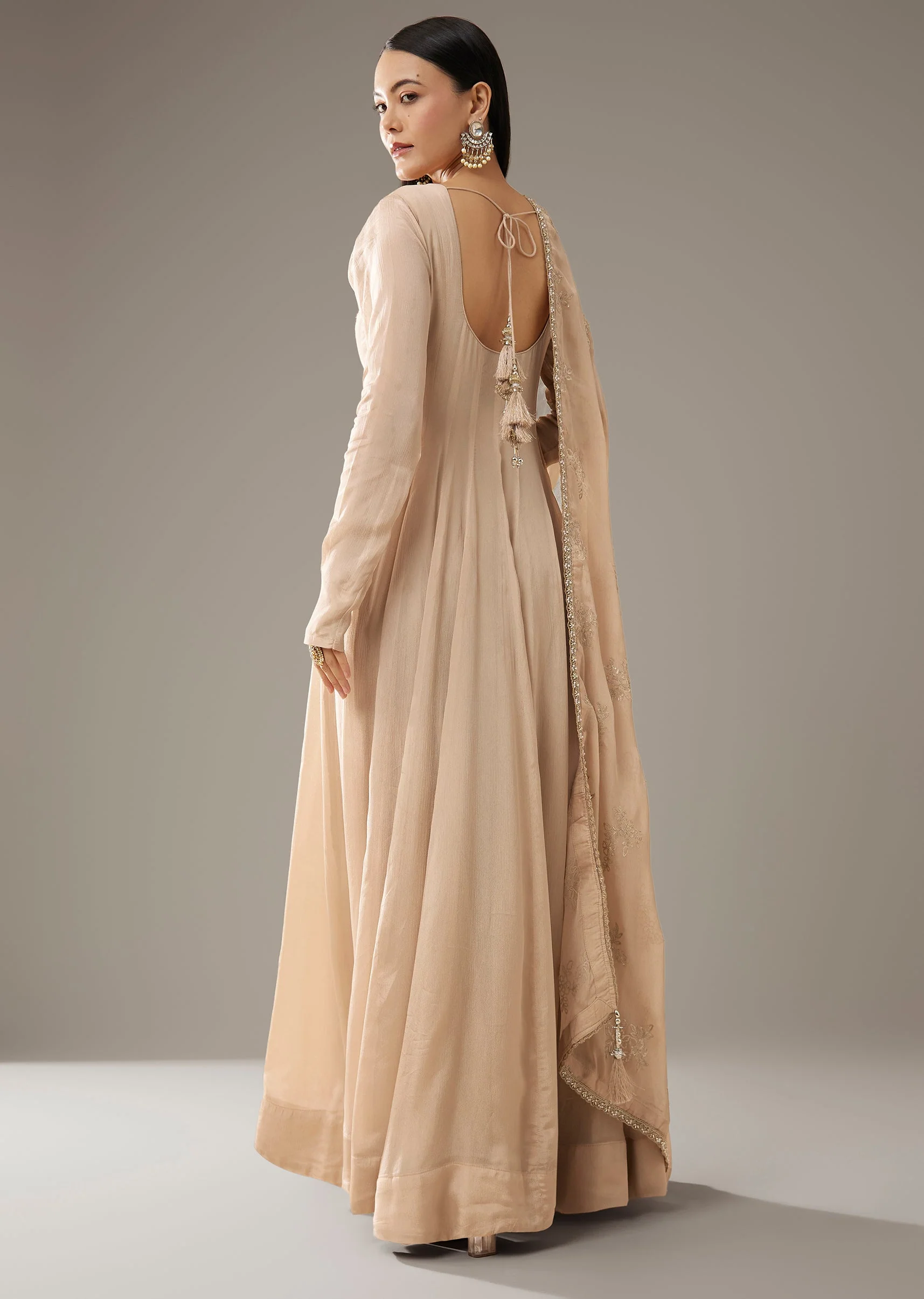 Beige Mirror Embellished Anarkali with Dupatta - Image 5