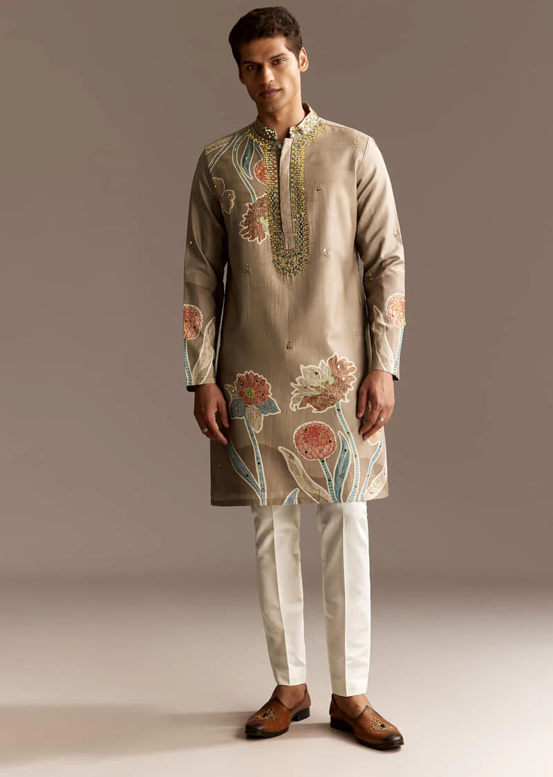 Beige Mirror Work Kurta Set - Image 3