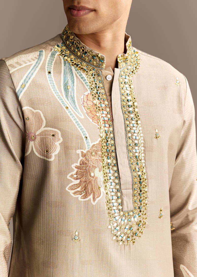 Beige Mirror Work Kurta Set - Image 4