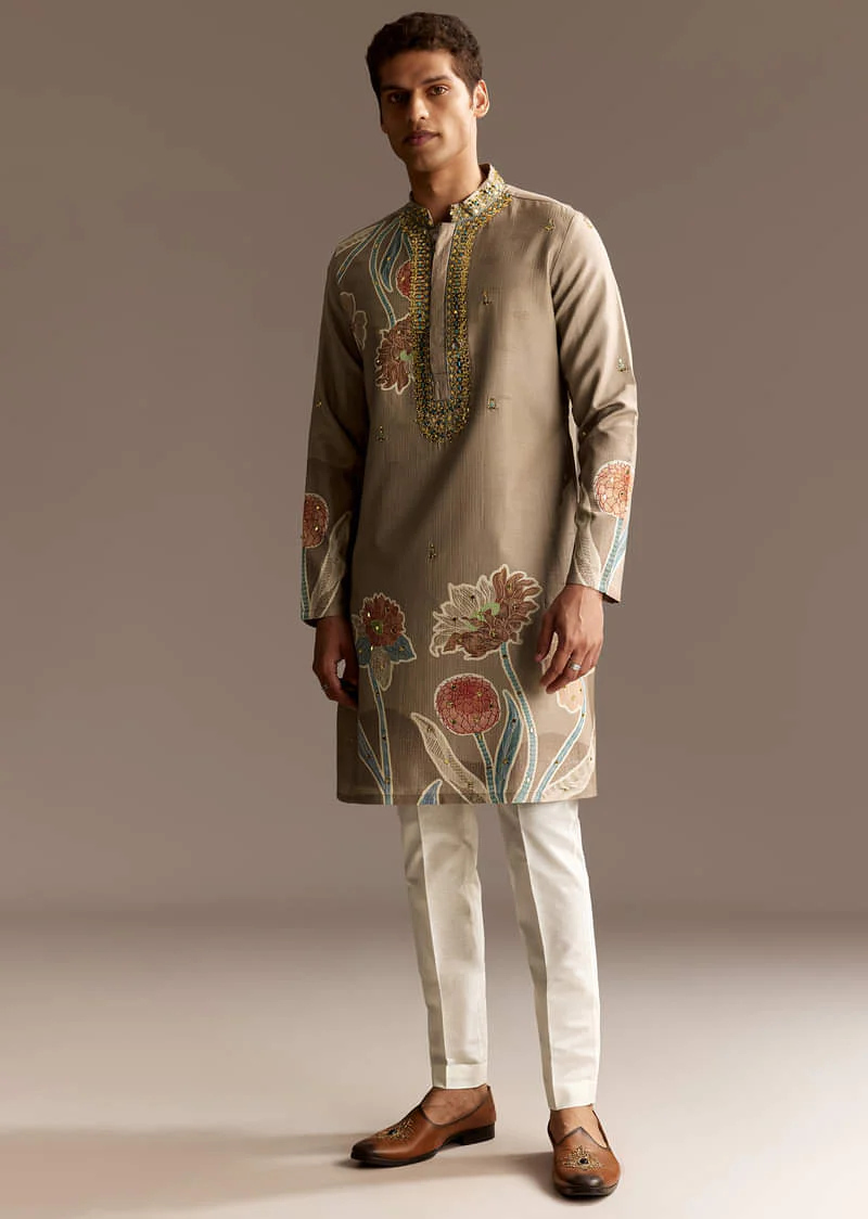 Beige Mirror Work Kurta Set - Image 5