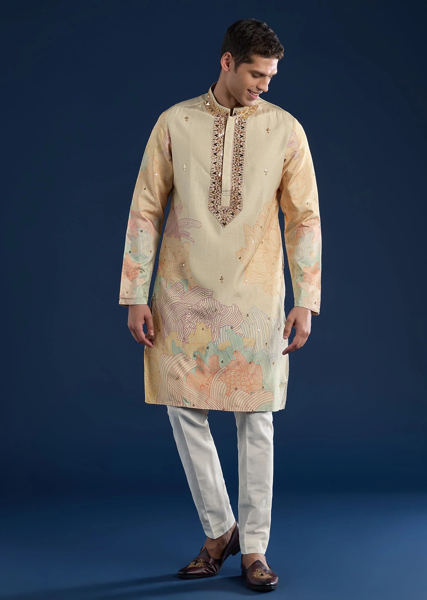 Beige Mirror Work With Kurta Sets - Image 3