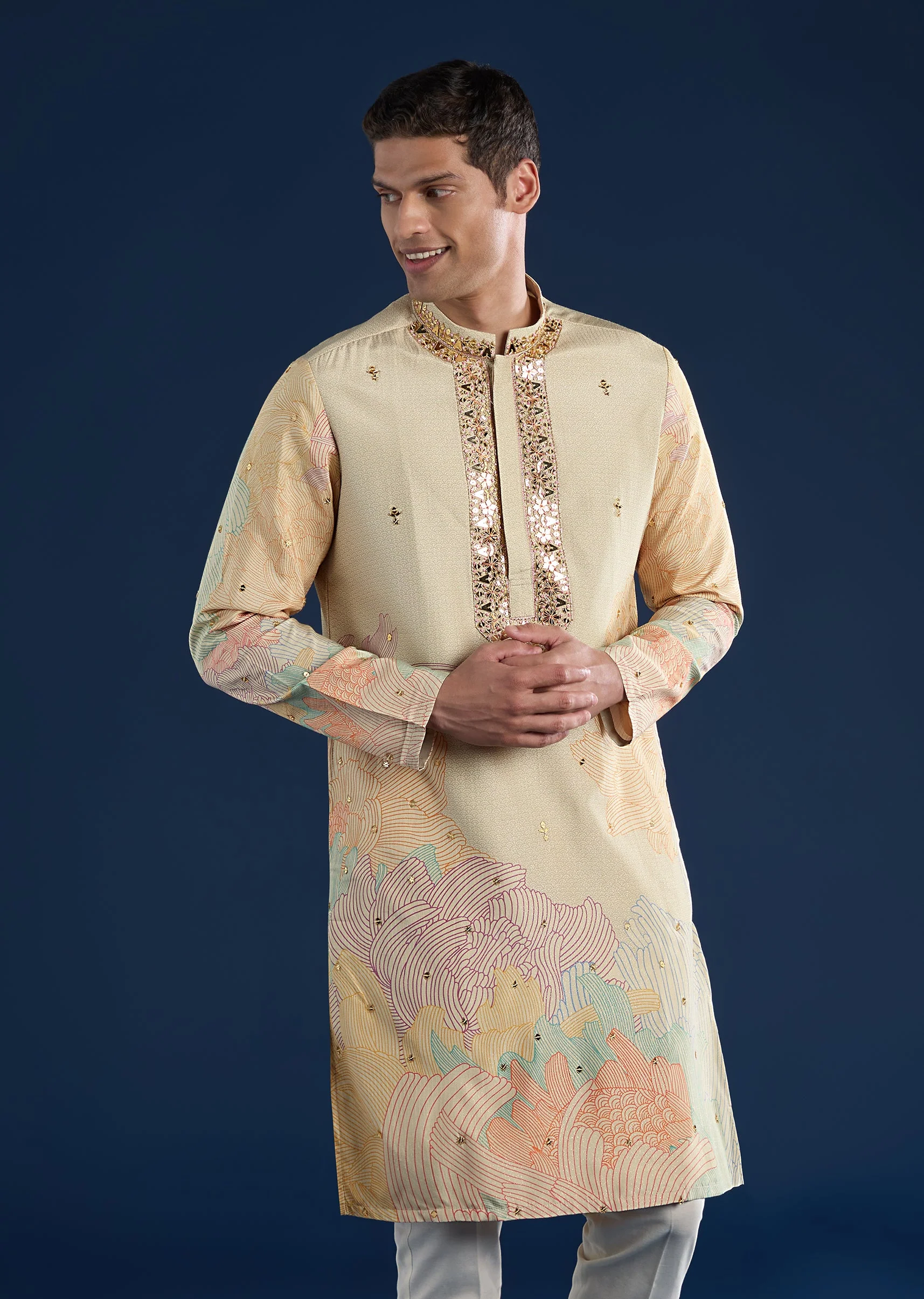 Beige Mirror Work With Kurta Sets - Image 4