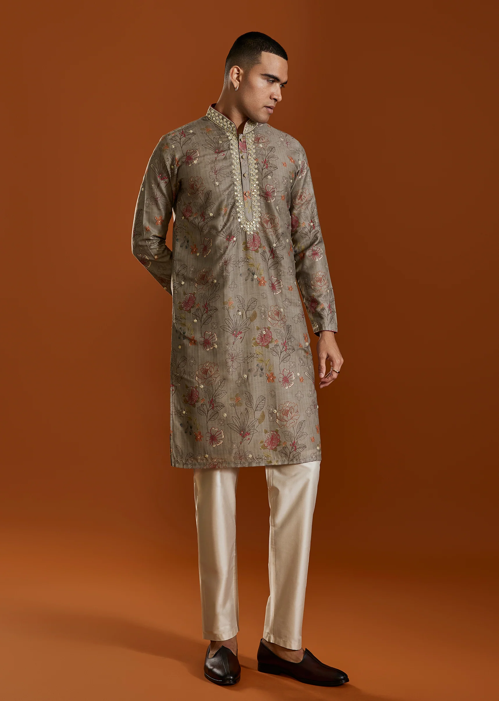 Beige Modal Chanderi Zari Mirrorwork Kurta Jacket Set