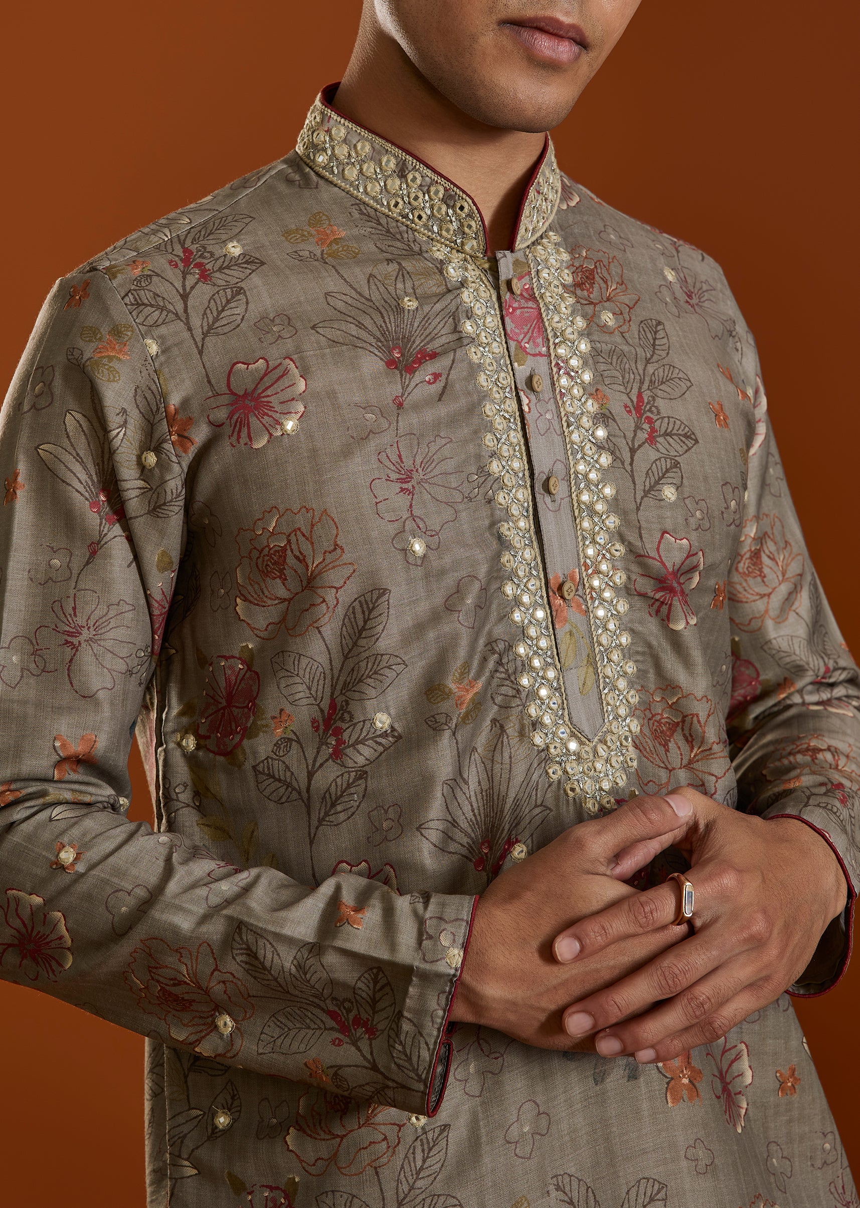Beige Modal Chanderi Zari Mirrorwork Kurta Jacket Set - Image 2