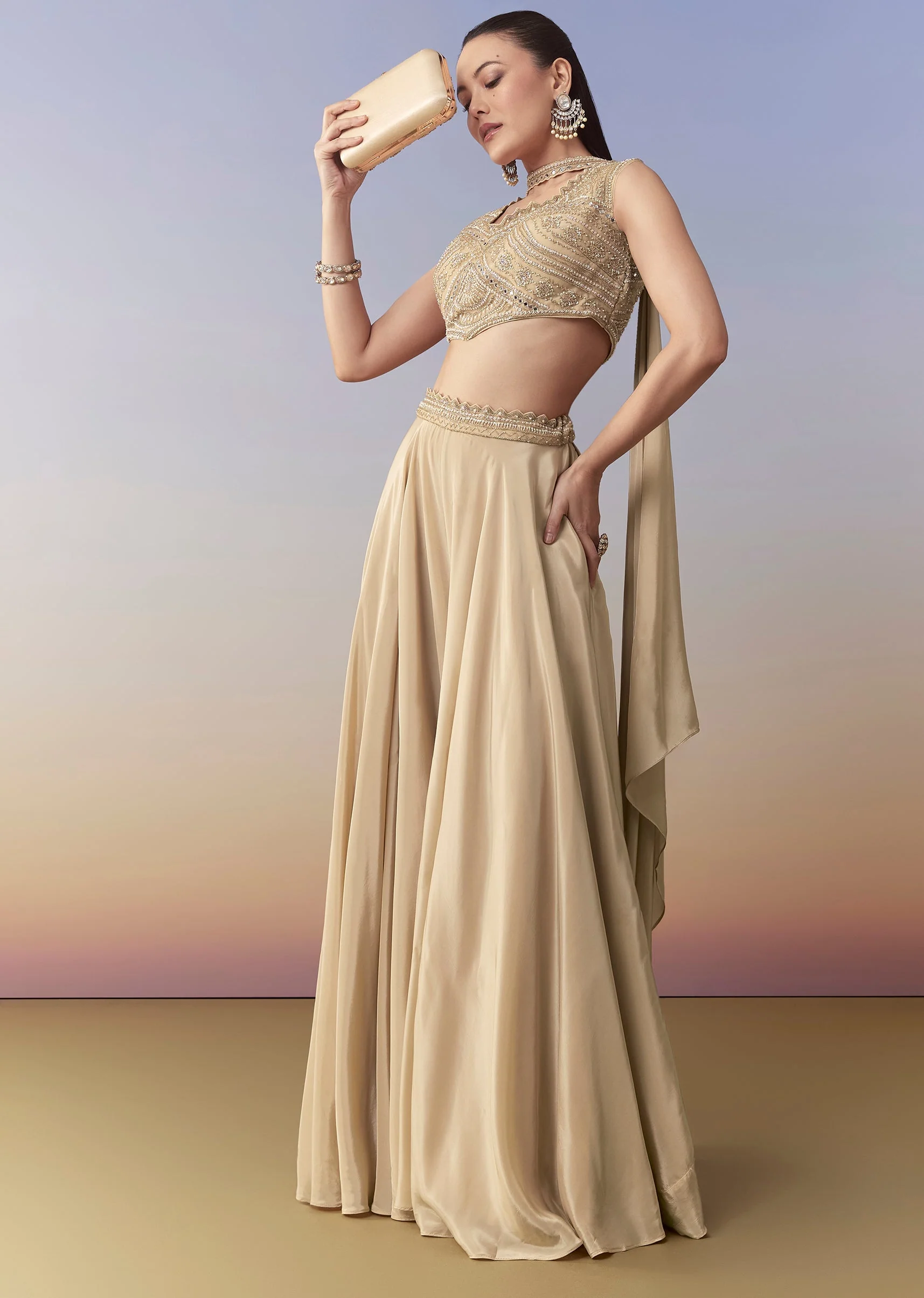 Beige Moti Work Crop Top Palazzo and Dupatta Set - Image 3