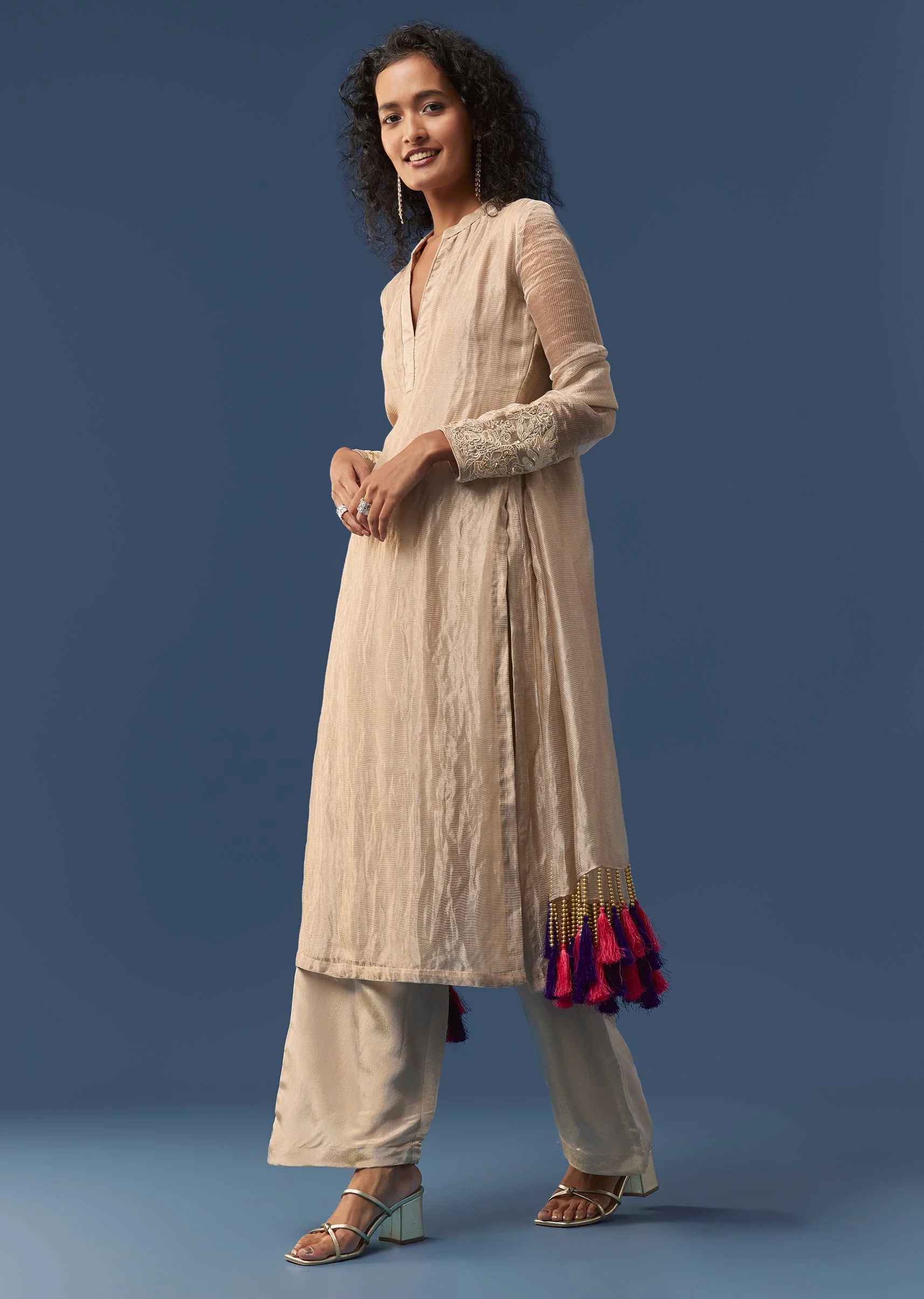 Beige Moti Work Kurta Set - Image 2