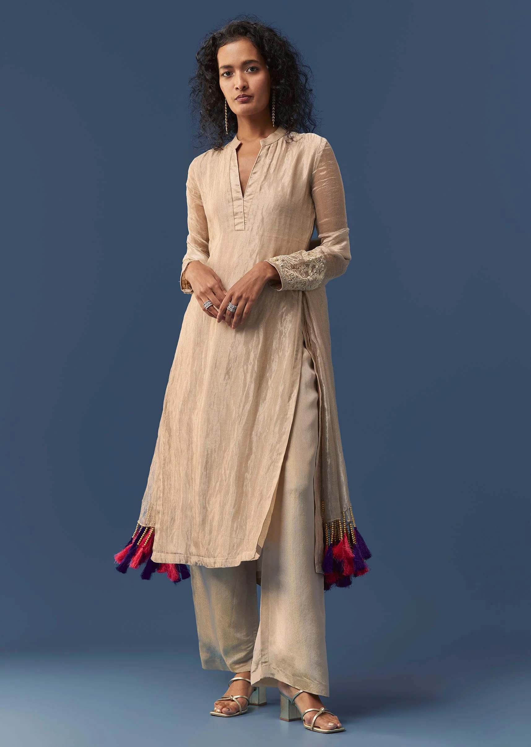 Beige Moti Work Kurta Set - Image 4