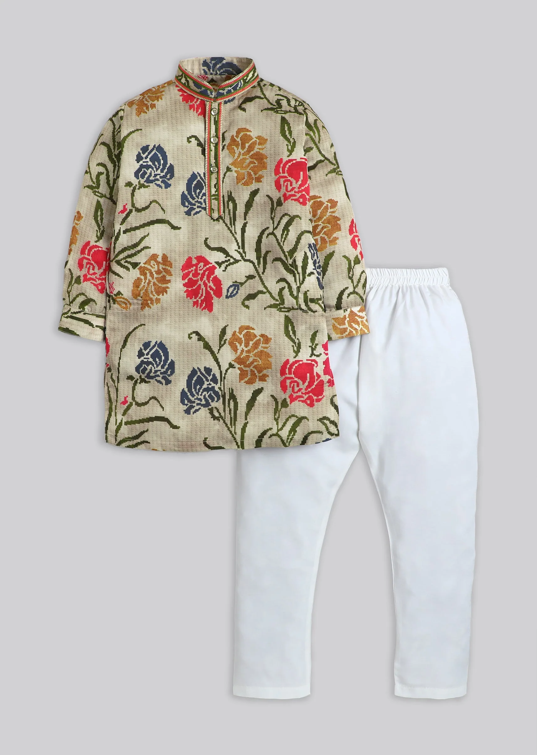 Beige Multi Floral Kurta Set For Boys
