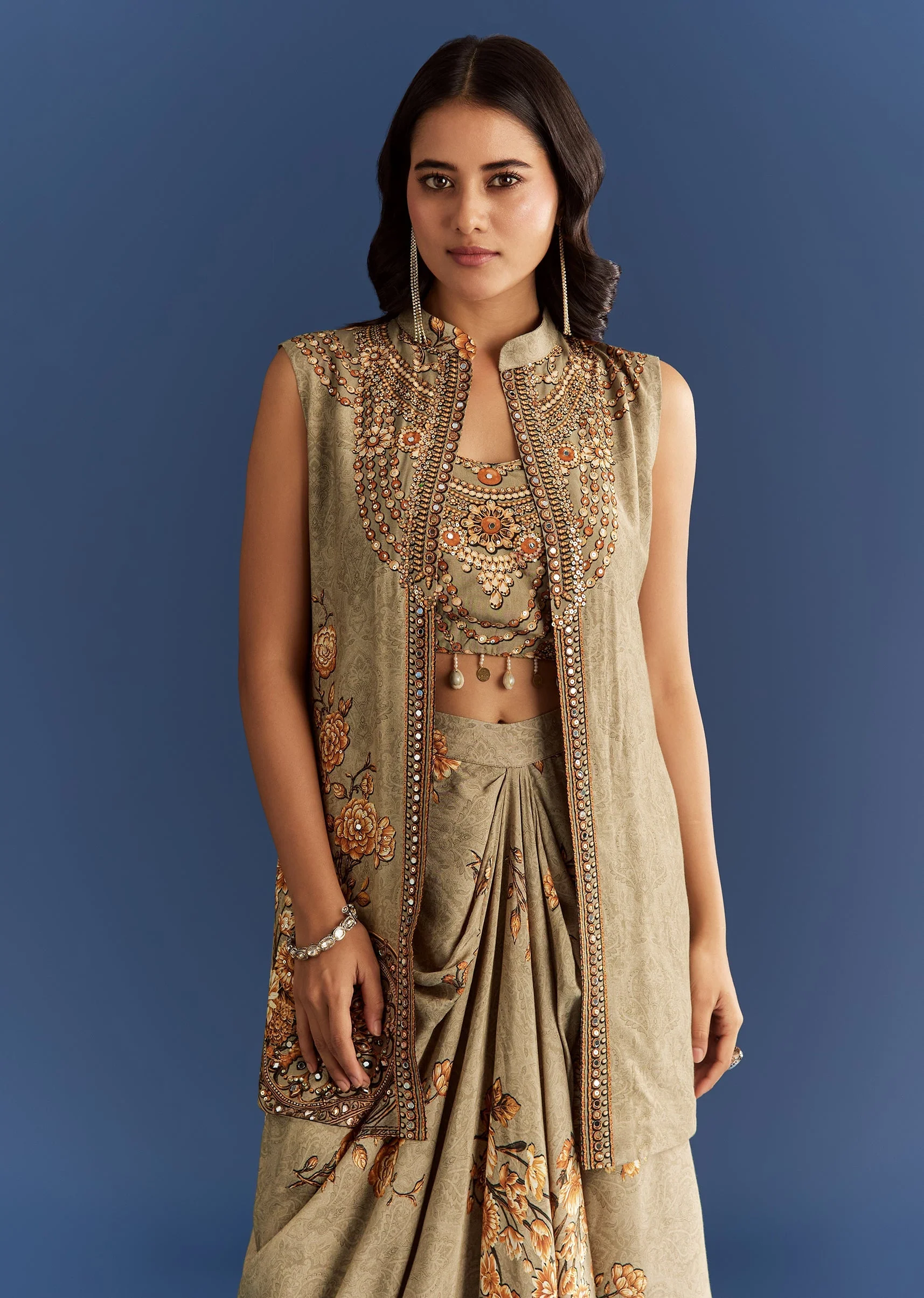 Beige Muslin Croptop Set With Floral Printed Skirt Jacket - Image 4