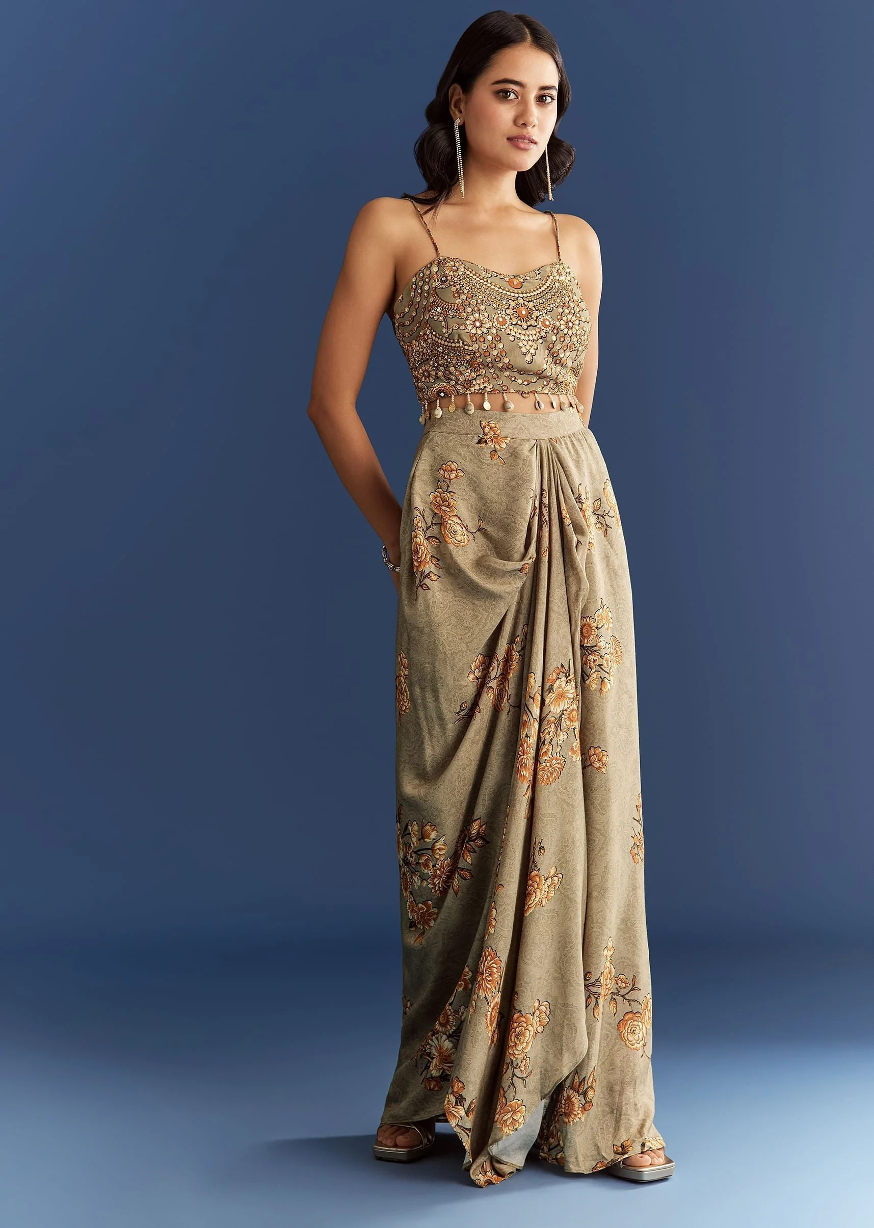 Beige Muslin Croptop Set With Floral Printed Skirt Jacket - Image 6