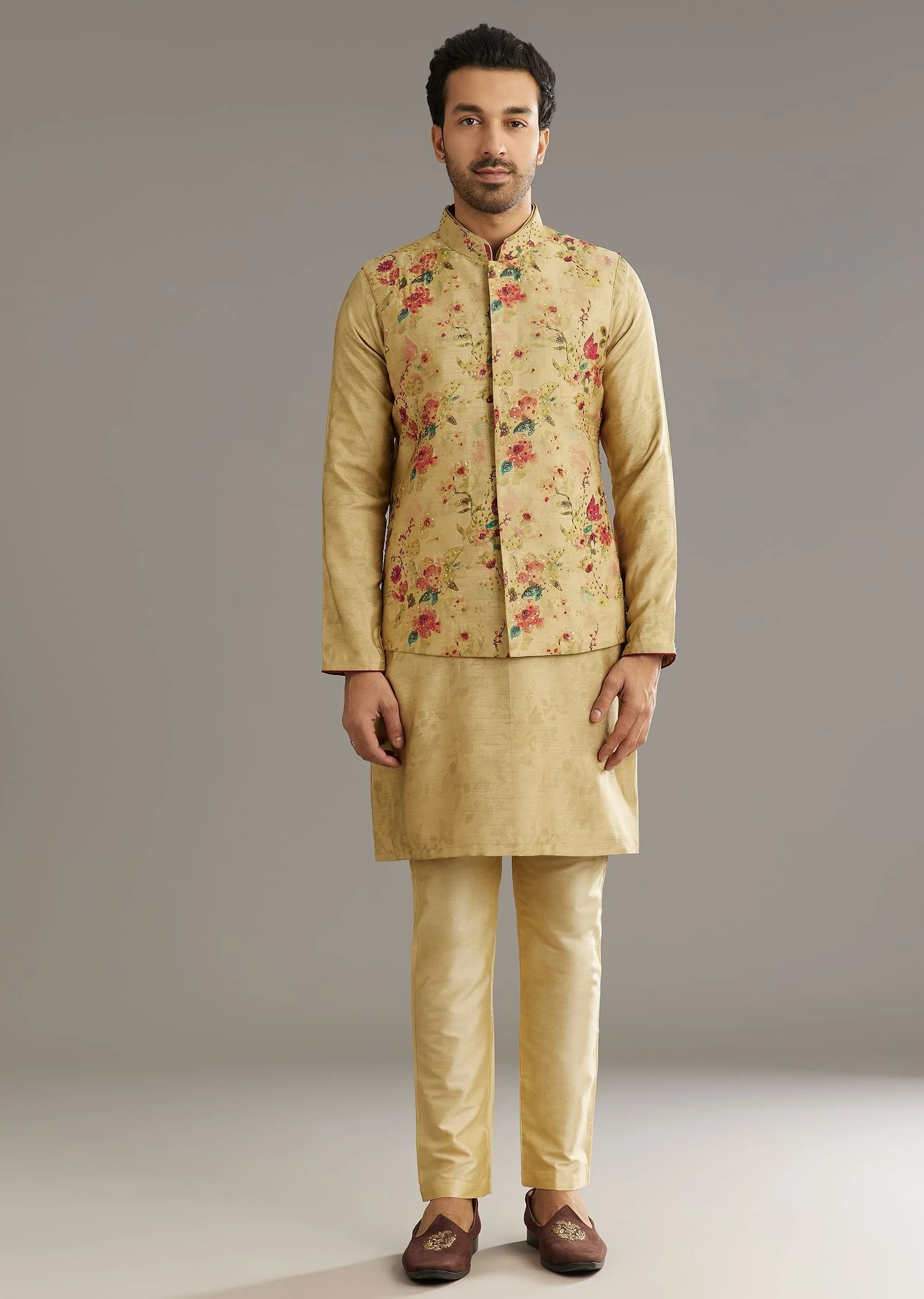 Beige Muslin Kurta Jacket Set With Stone Work - Image 2