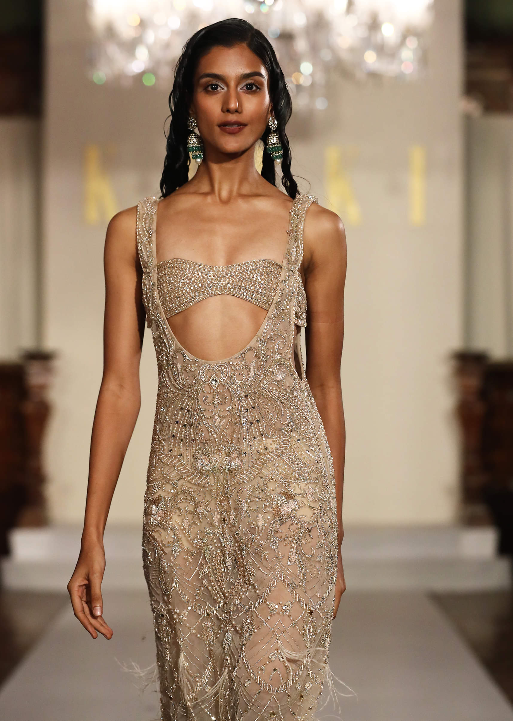 Beige Net Bridal Gown With Bustier Layer - Image 2