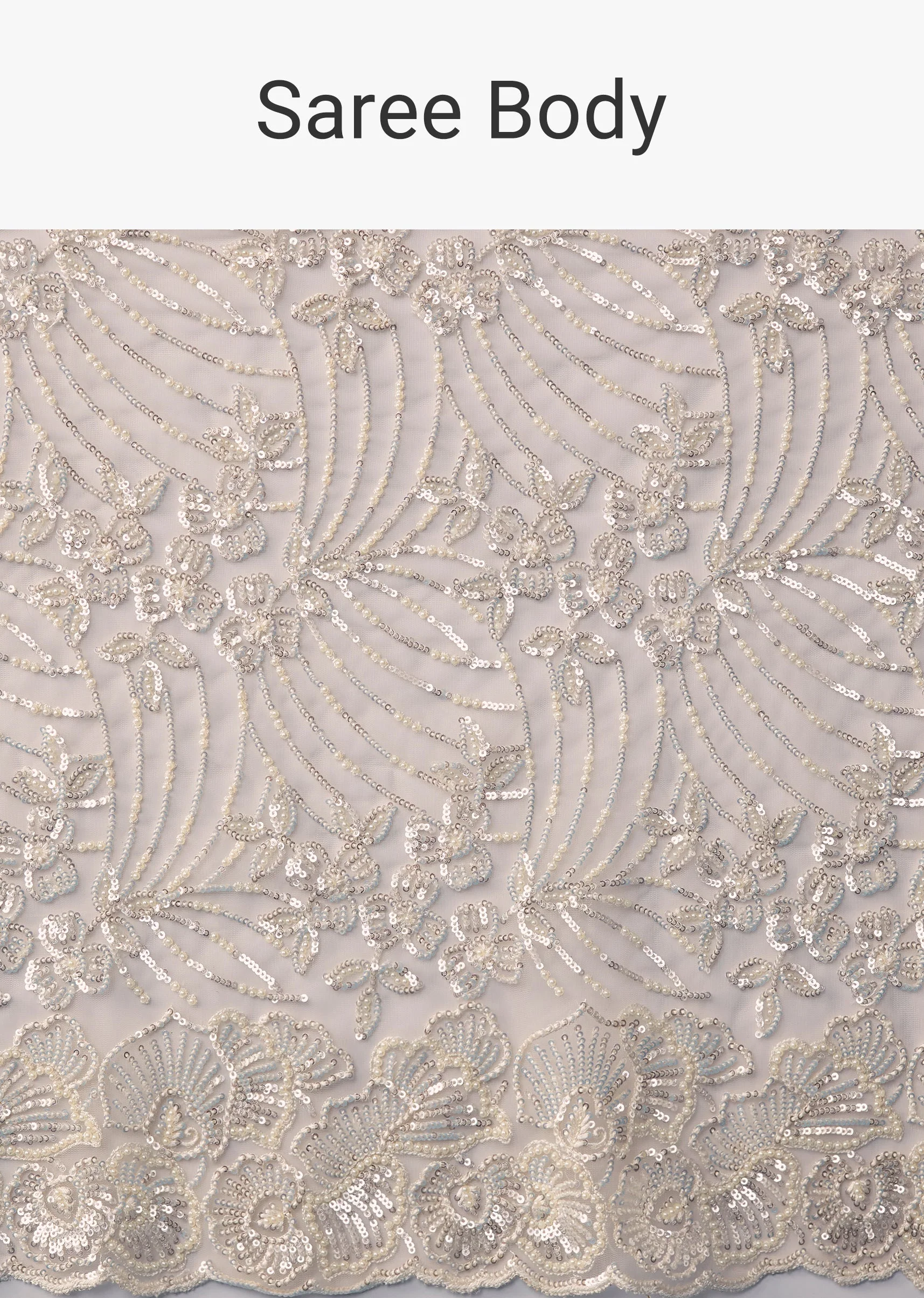 Beige Net Floral Jaal Sequin Work Saree with Unstitched Blouse - Image 9