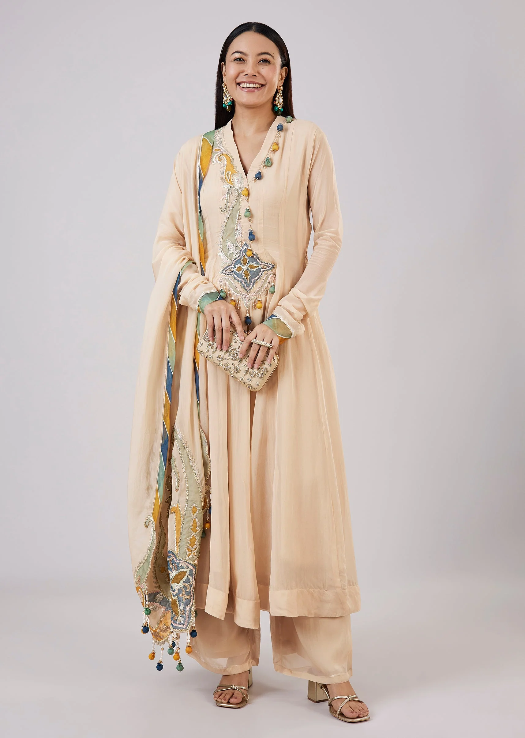 Beige Organza Anarkali With Gotta Lace - Image 3