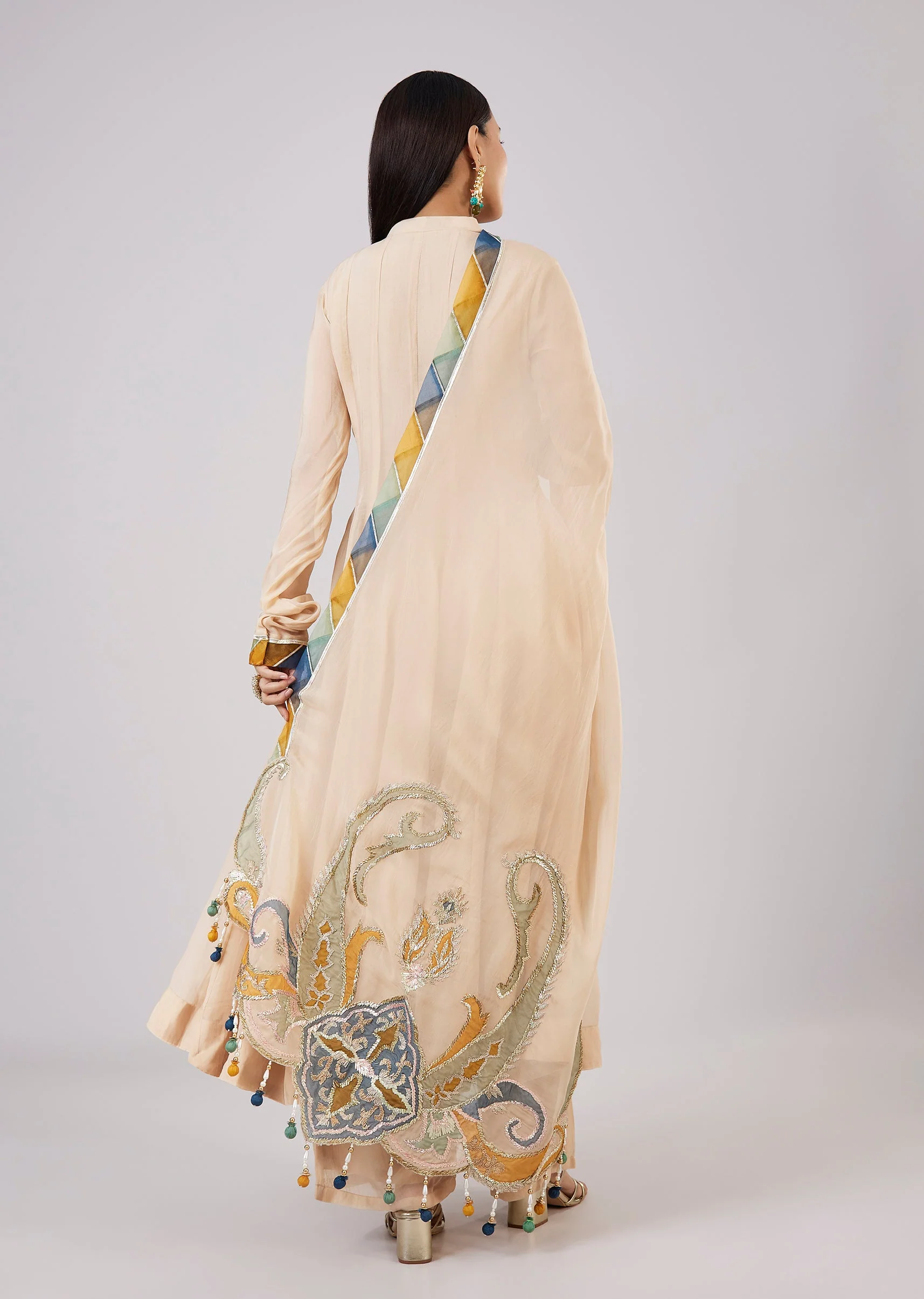 Beige Organza Anarkali With Gotta Lace - Image 5