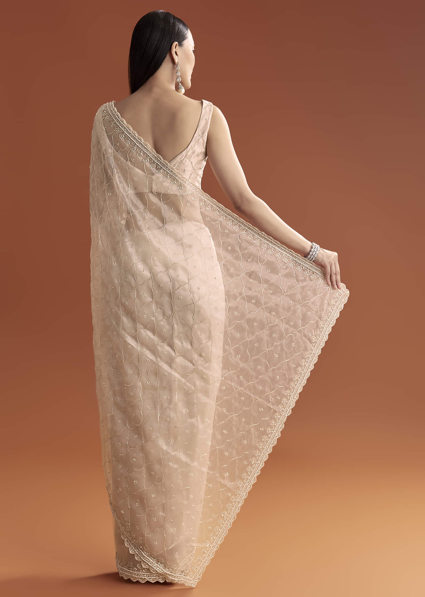 Beige Organza Embroidered Saree With Jaal And Butti Work - Image 2
