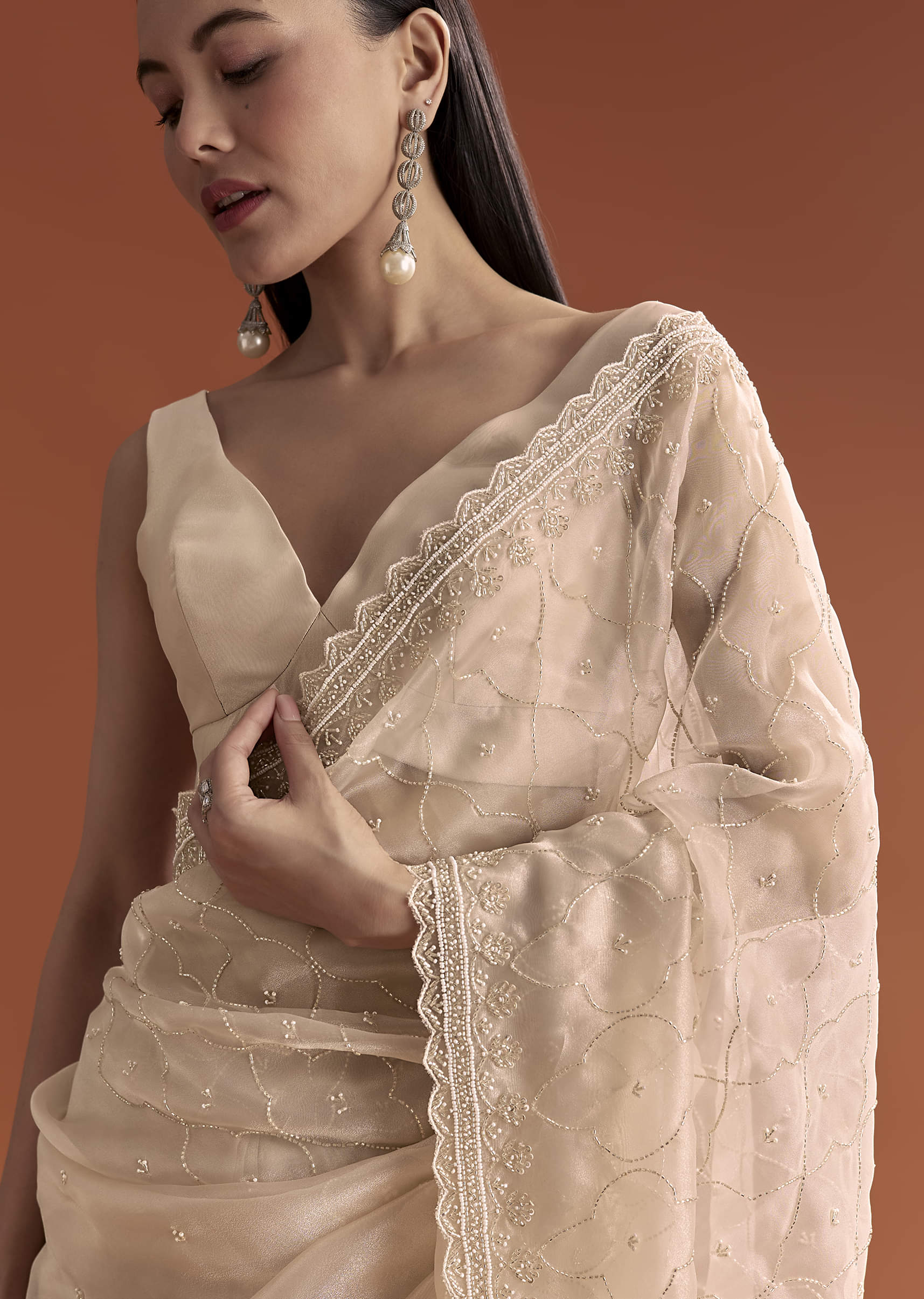 Beige Organza Embroidered Saree With Jaal And Butti Work - Image 4