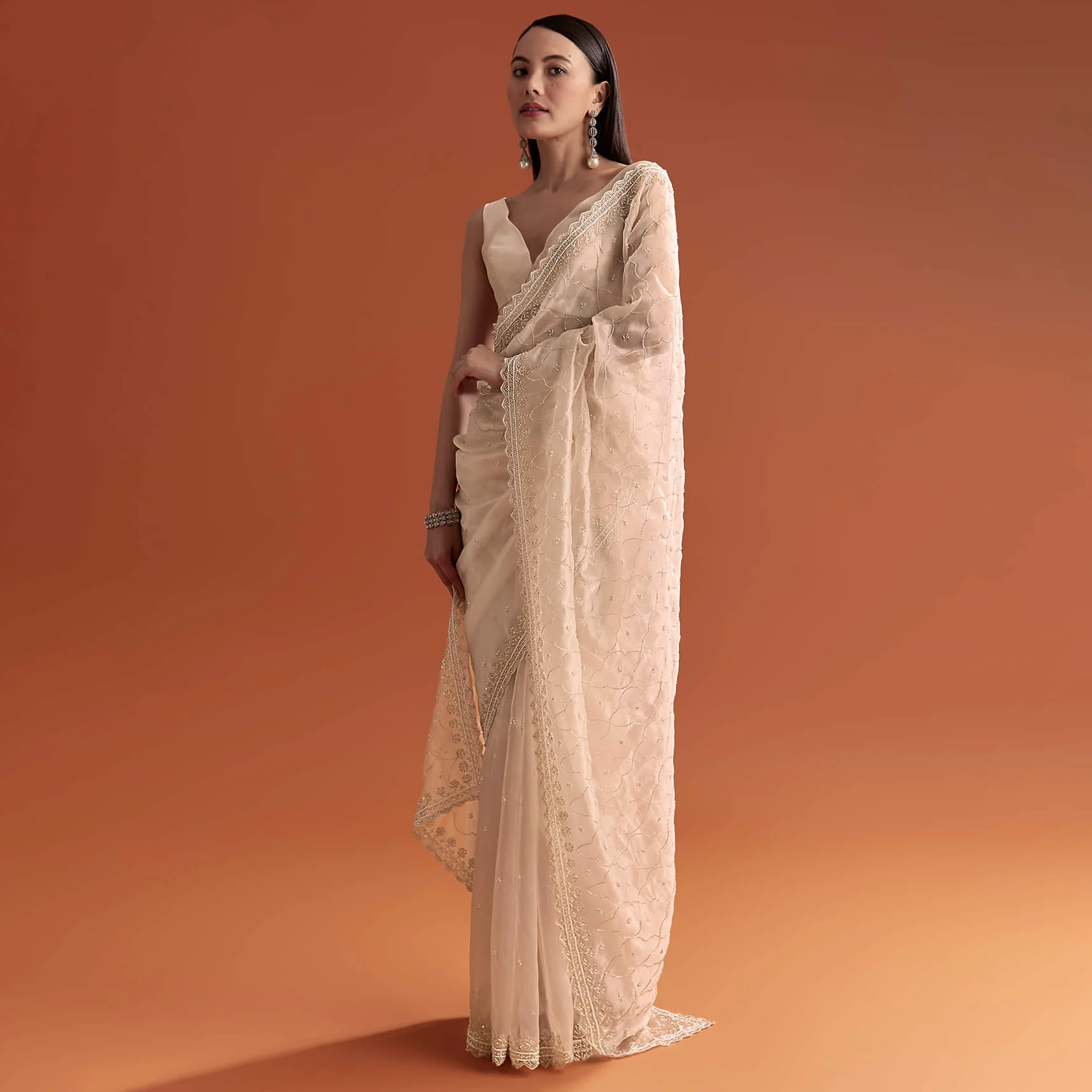 Beige Organza Embroidered Saree With Jaal And Butti Work - Image 9
