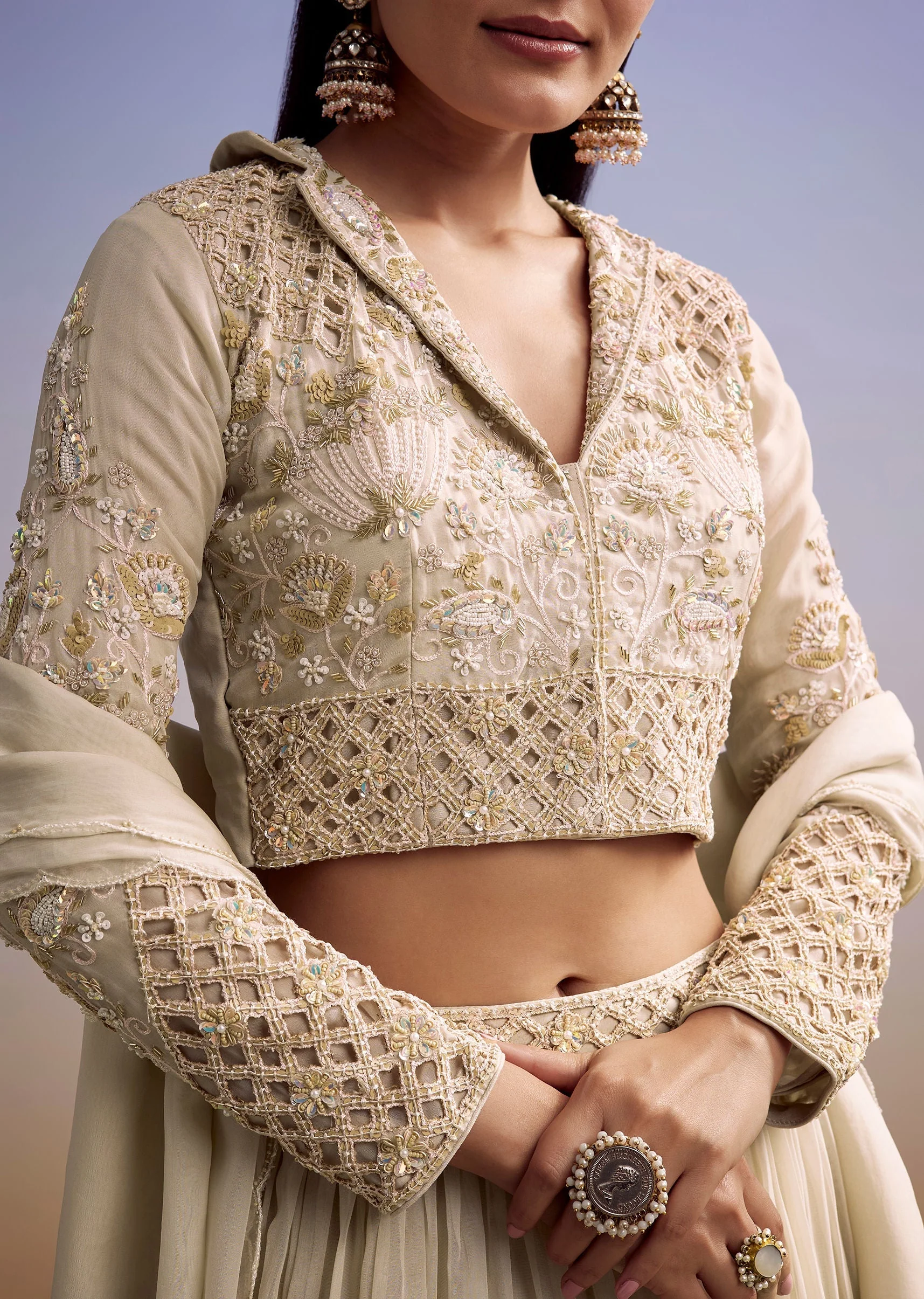Beige Organza Lehenga Set With Embroidered Choli And Dupatta - Image 2