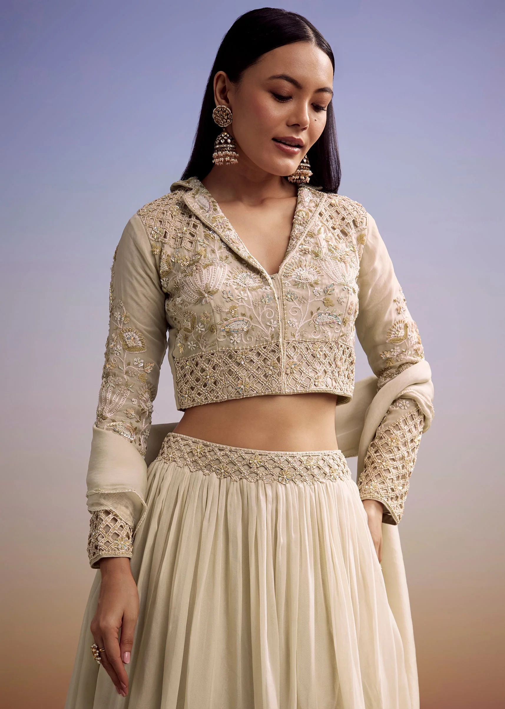 Beige Organza Lehenga Set With Embroidered Choli And Dupatta - Image 3