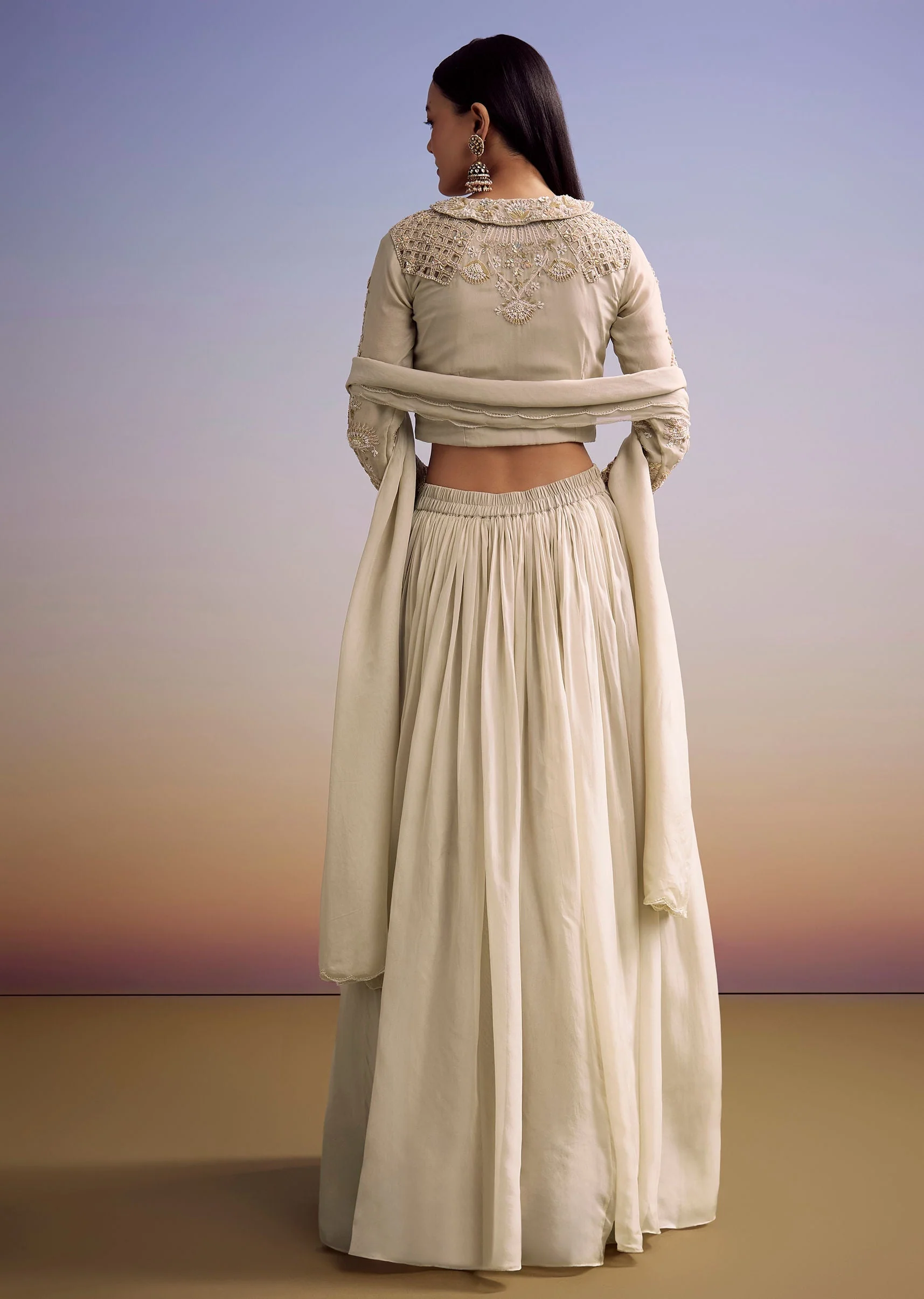 Beige Organza Lehenga Set With Embroidered Choli And Dupatta - Image 4