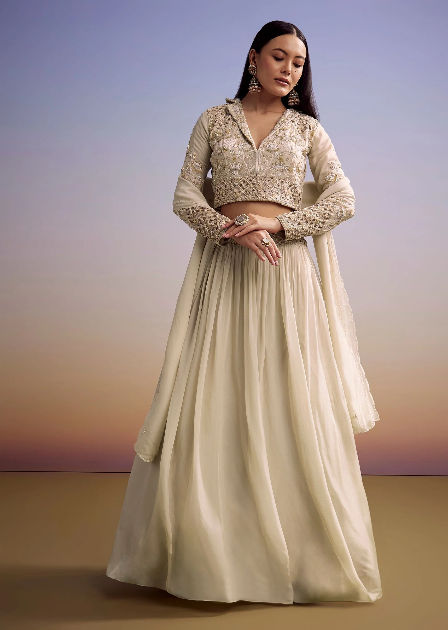 Beige Organza Lehenga Set With Embroidered Choli And Dupatta - Image 5