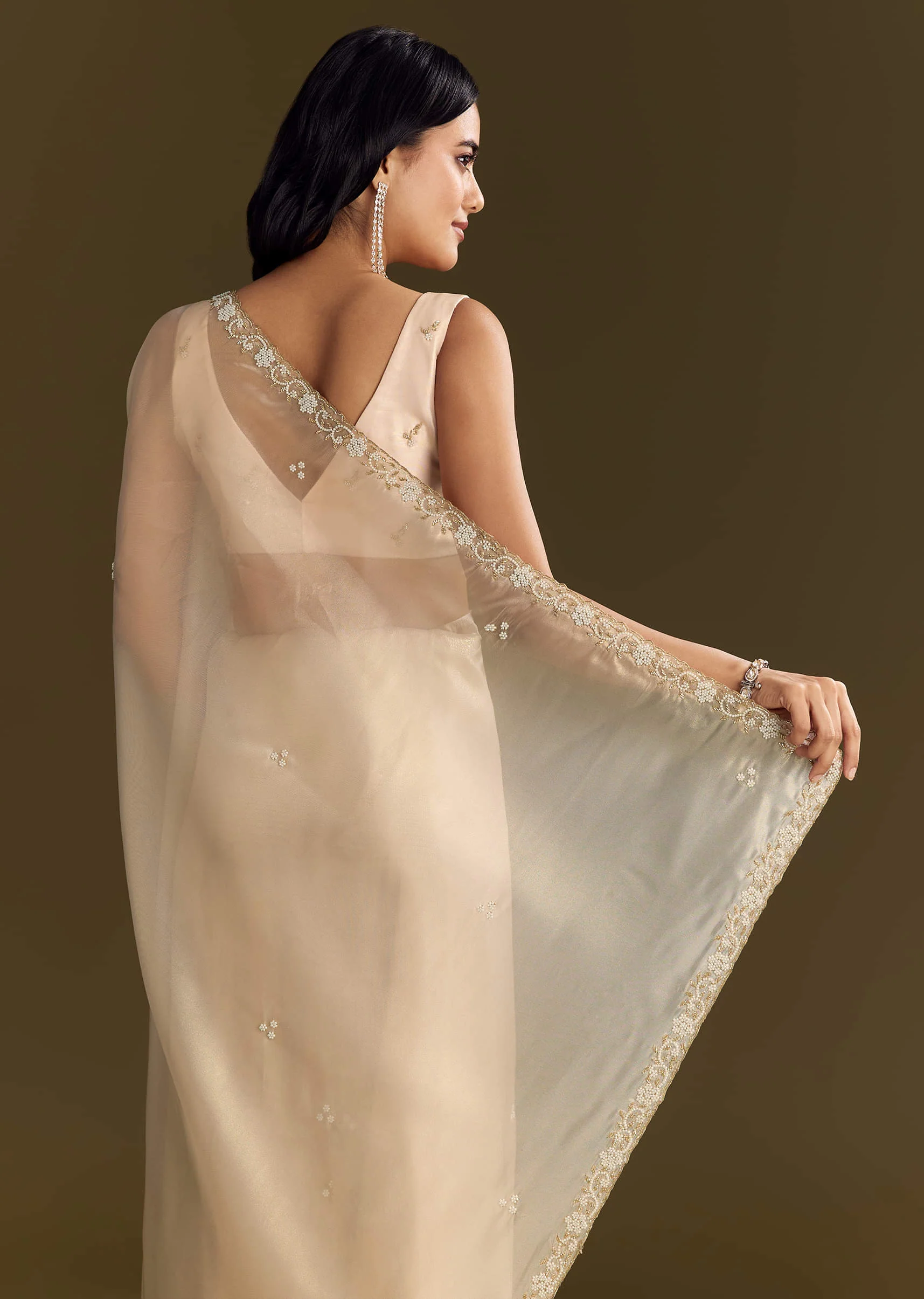 Beige Organza Tissue Saree With Cutdana And Beads Scallop Border - Image 6