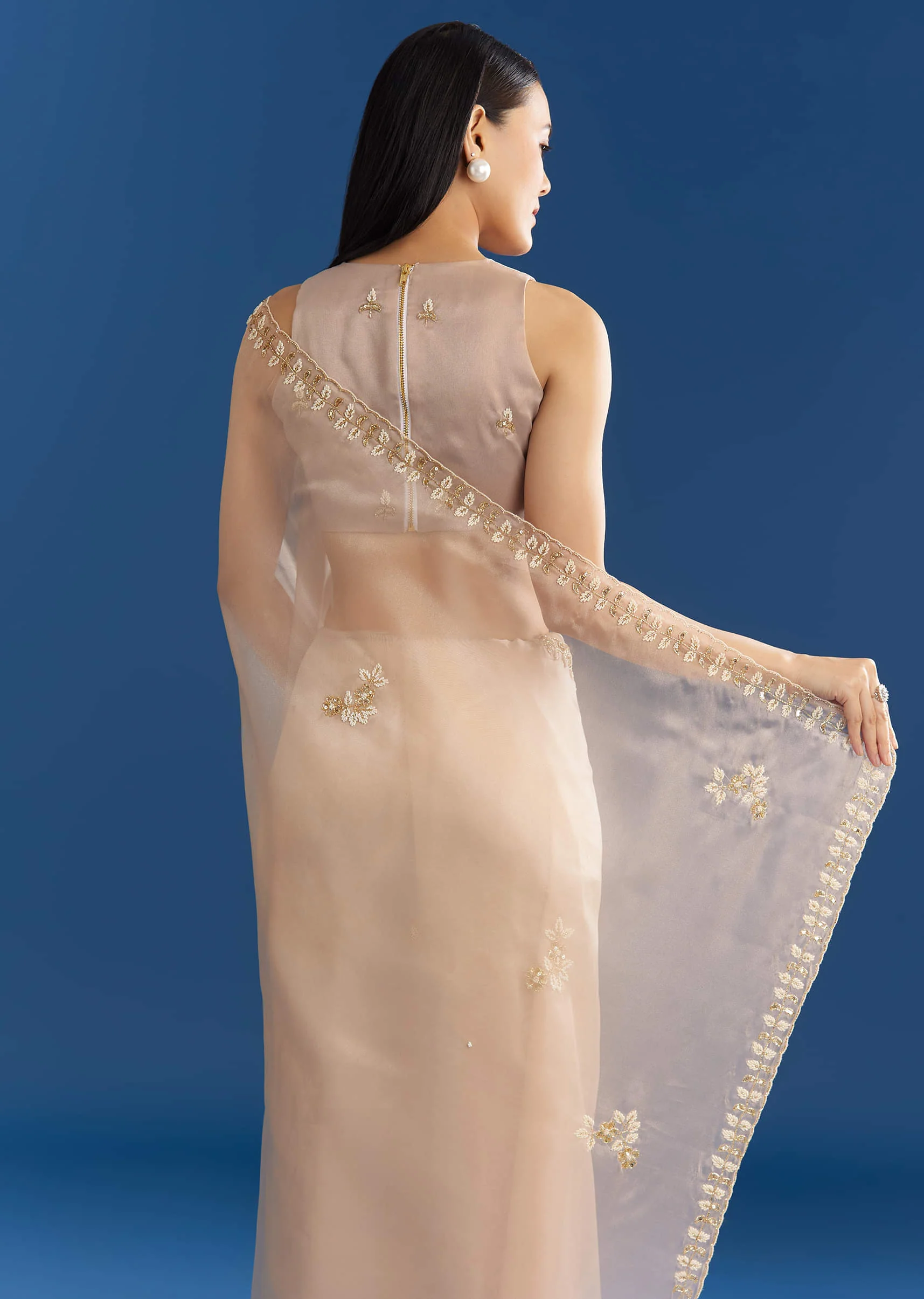 Beige Organza Tissue Saree With Cutdana Detailing - Image 4
