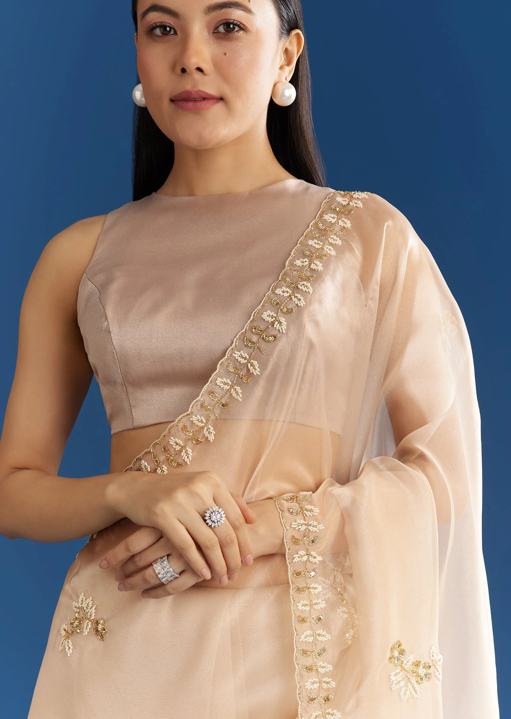 Beige Organza Tissue Saree With Cutdana Detailing - Image 5