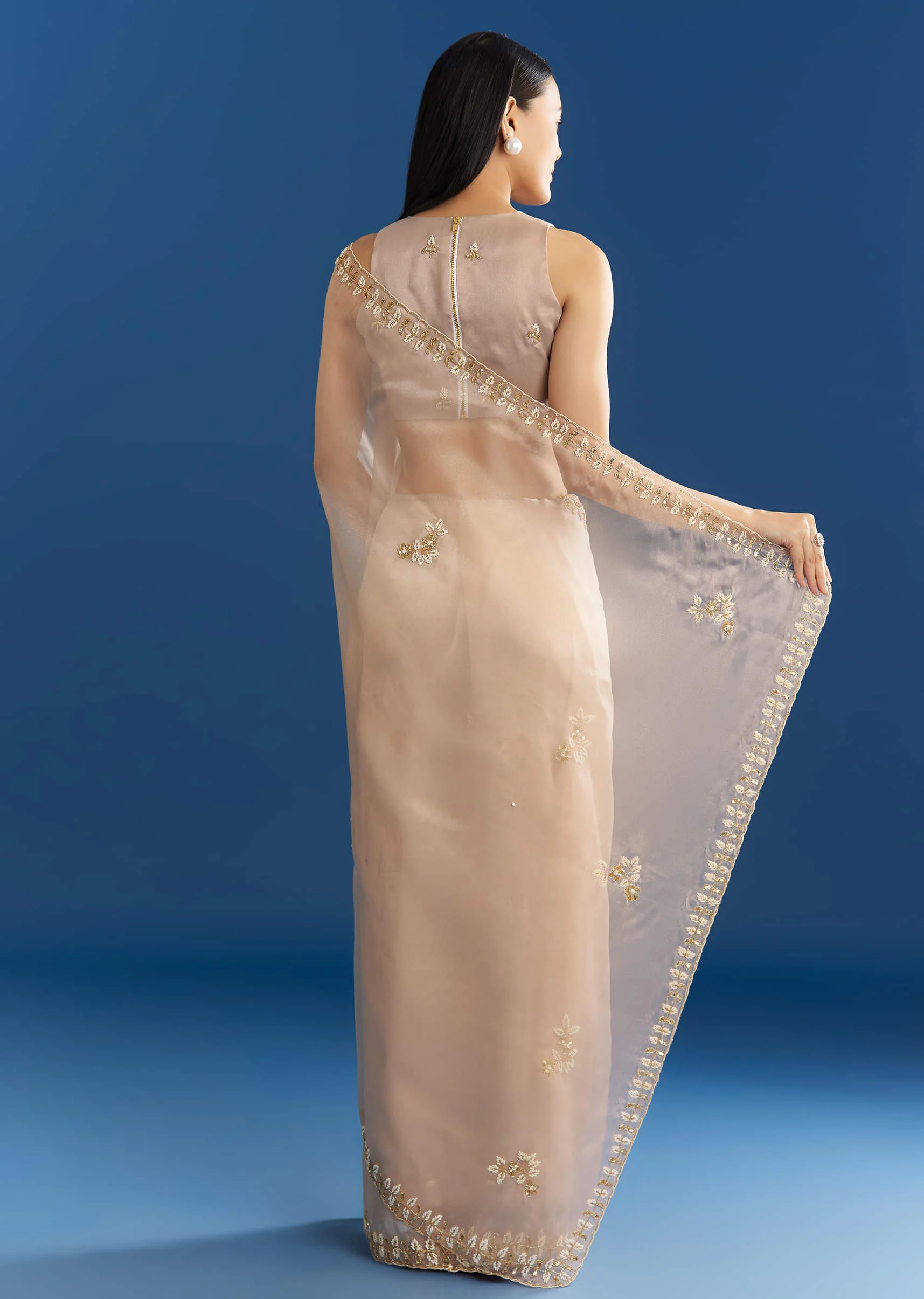 Beige Organza Tissue Saree With Cutdana Detailing - Image 6