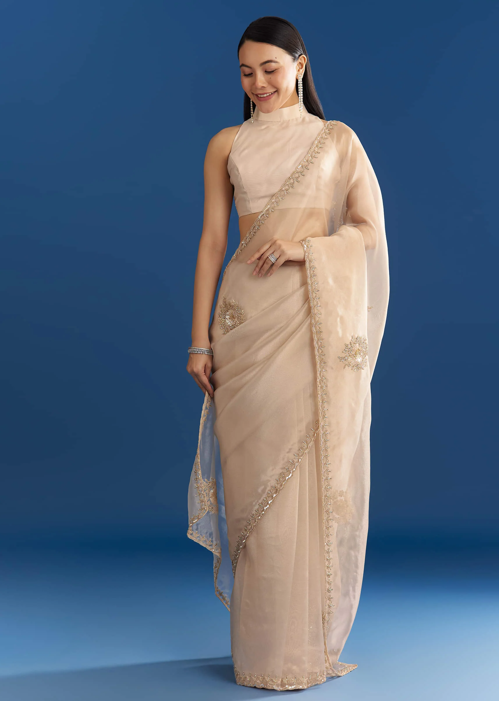 Beige Organza Tissue Saree With Delicate Embellished Edge - Image 3