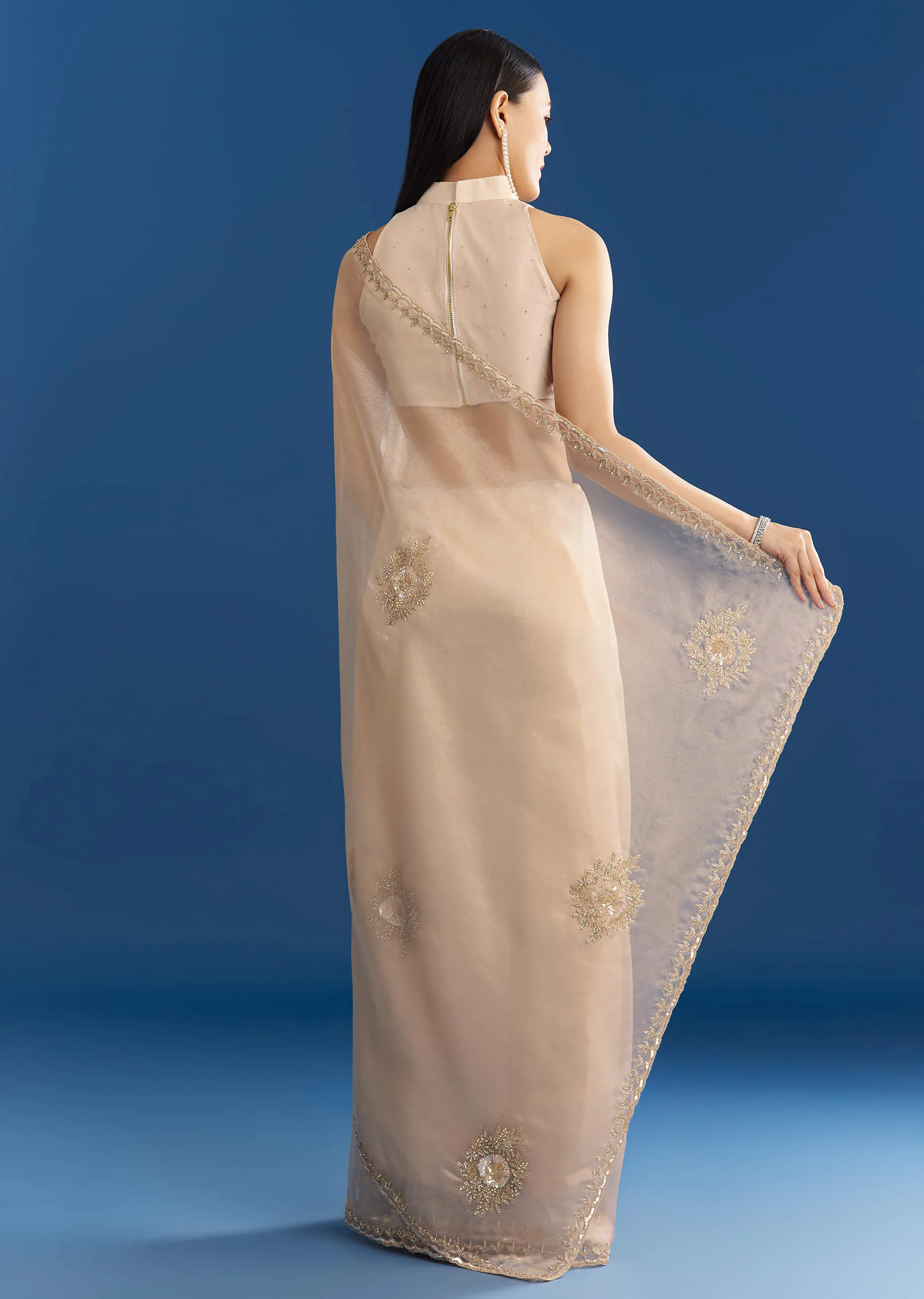 Beige Organza Tissue Saree With Delicate Embellished Edge - Image 6