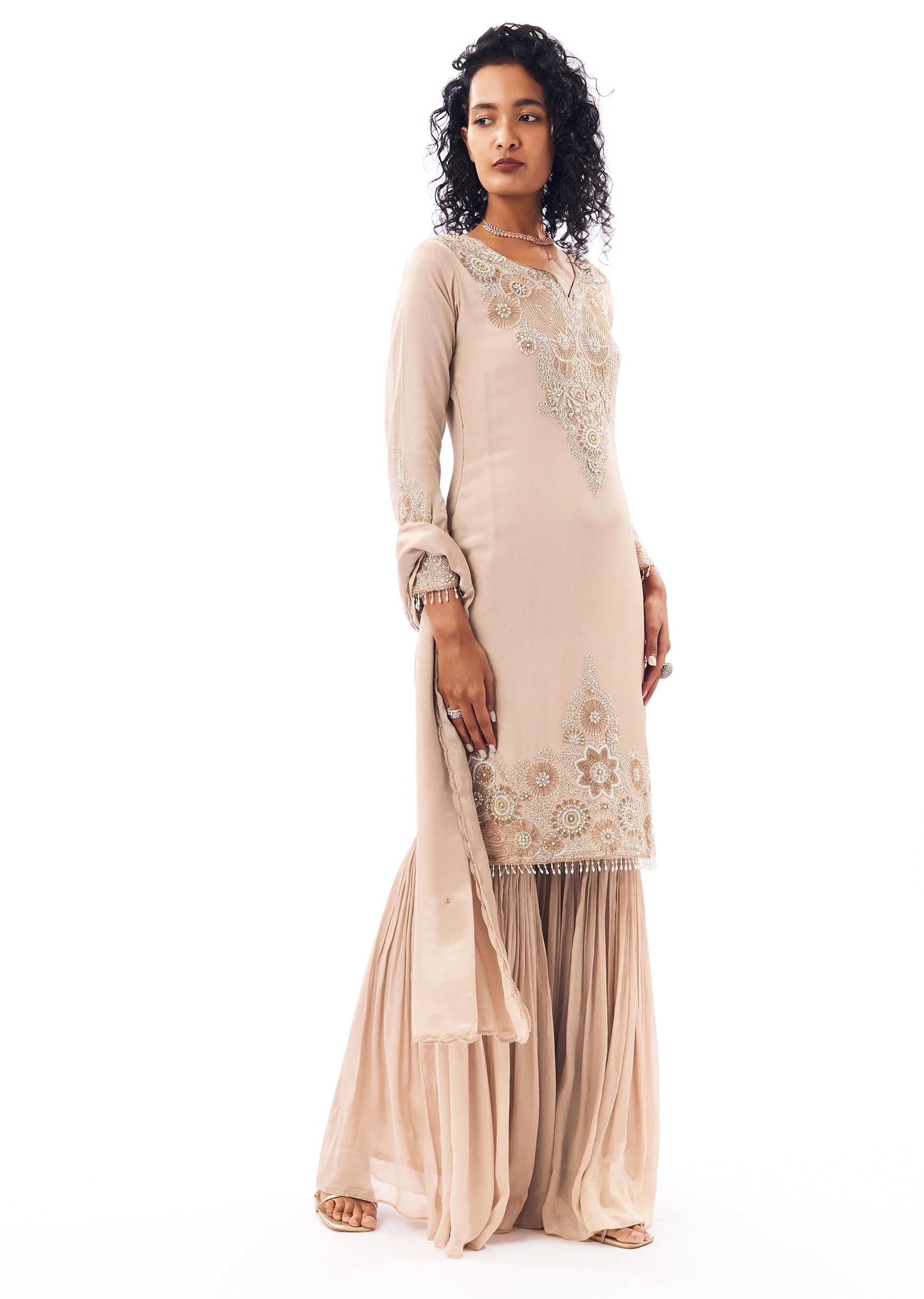 Beige Pakistani Style Sharara Set - Image 3