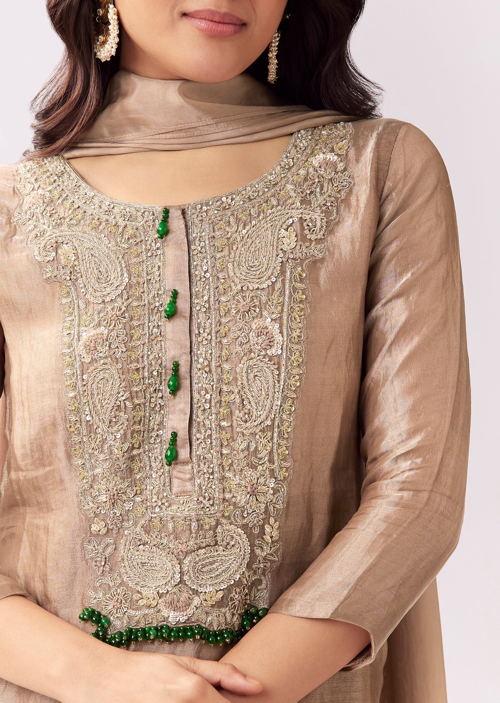 Beige Palazzo Suit With Zardozi Sequin Detailing - Image 2