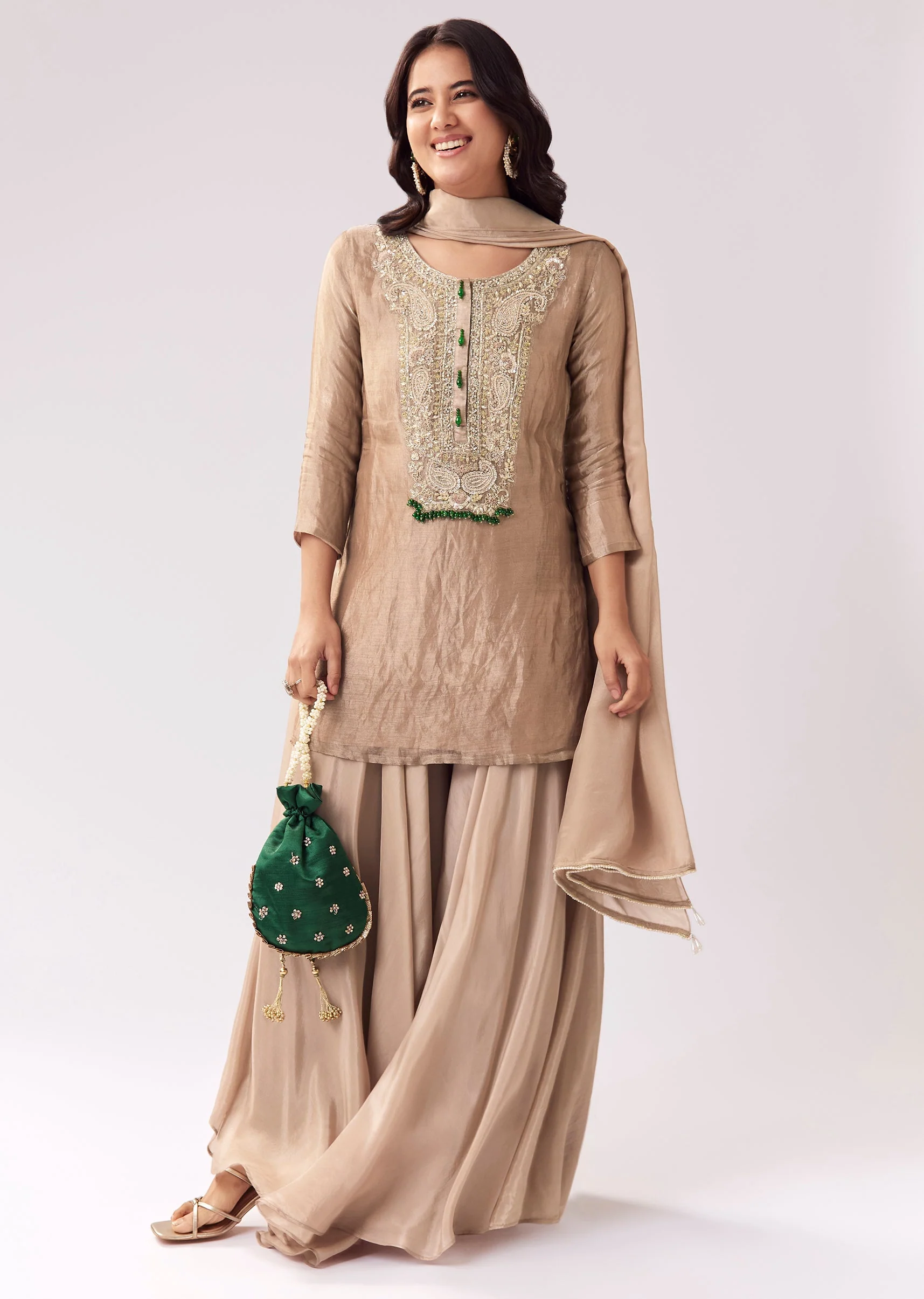Beige Palazzo Suit With Zardozi Sequin Detailing - Image 3